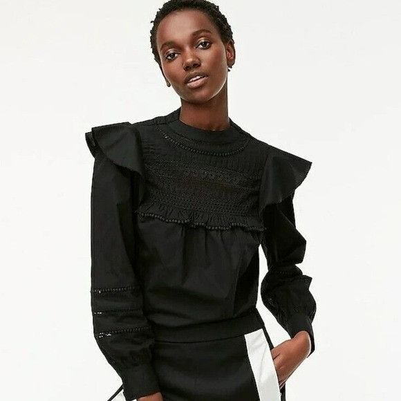J.Crew J. Crew Black Crochet Ruffled Blouse Size L / US 10 / IT 46 - 1 Thumbnail