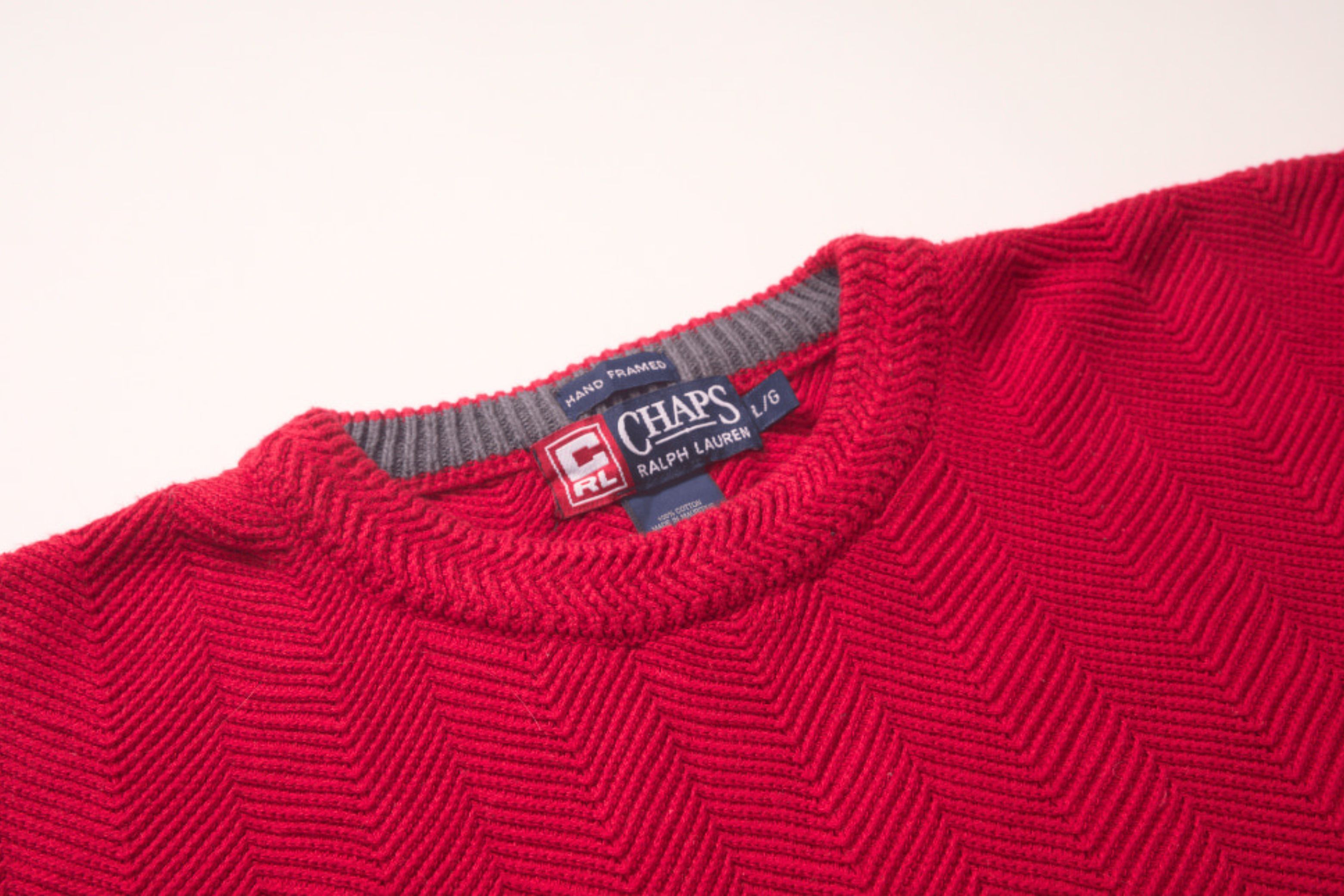 Chaps Ralph Lauren Vintage Red Herringbone Knit Jumper (Large) Size US L / EU 52-54 / 3 - 1 Thumbnail