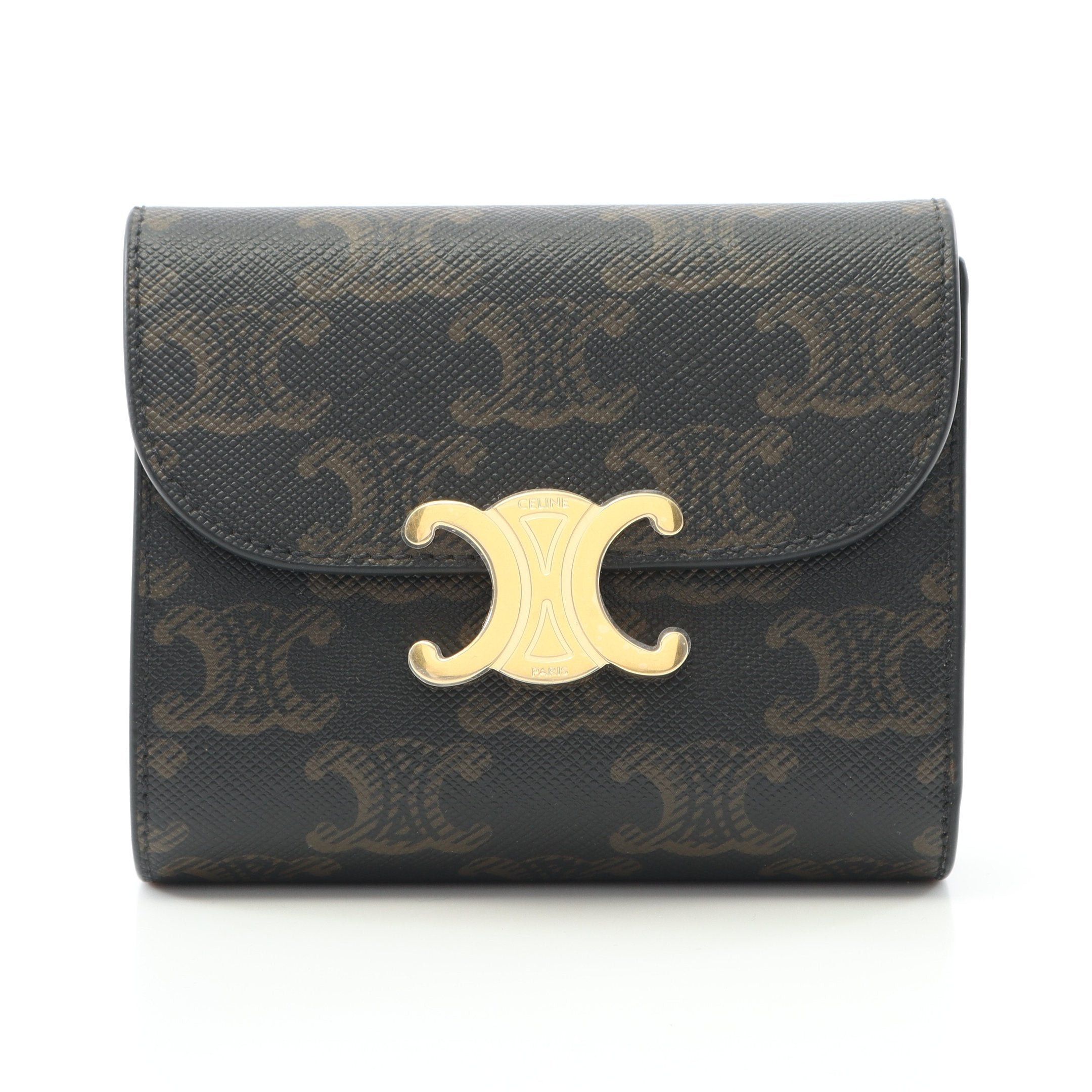 Celine Small Triomphe Wallet Trifold Leather Black Brown