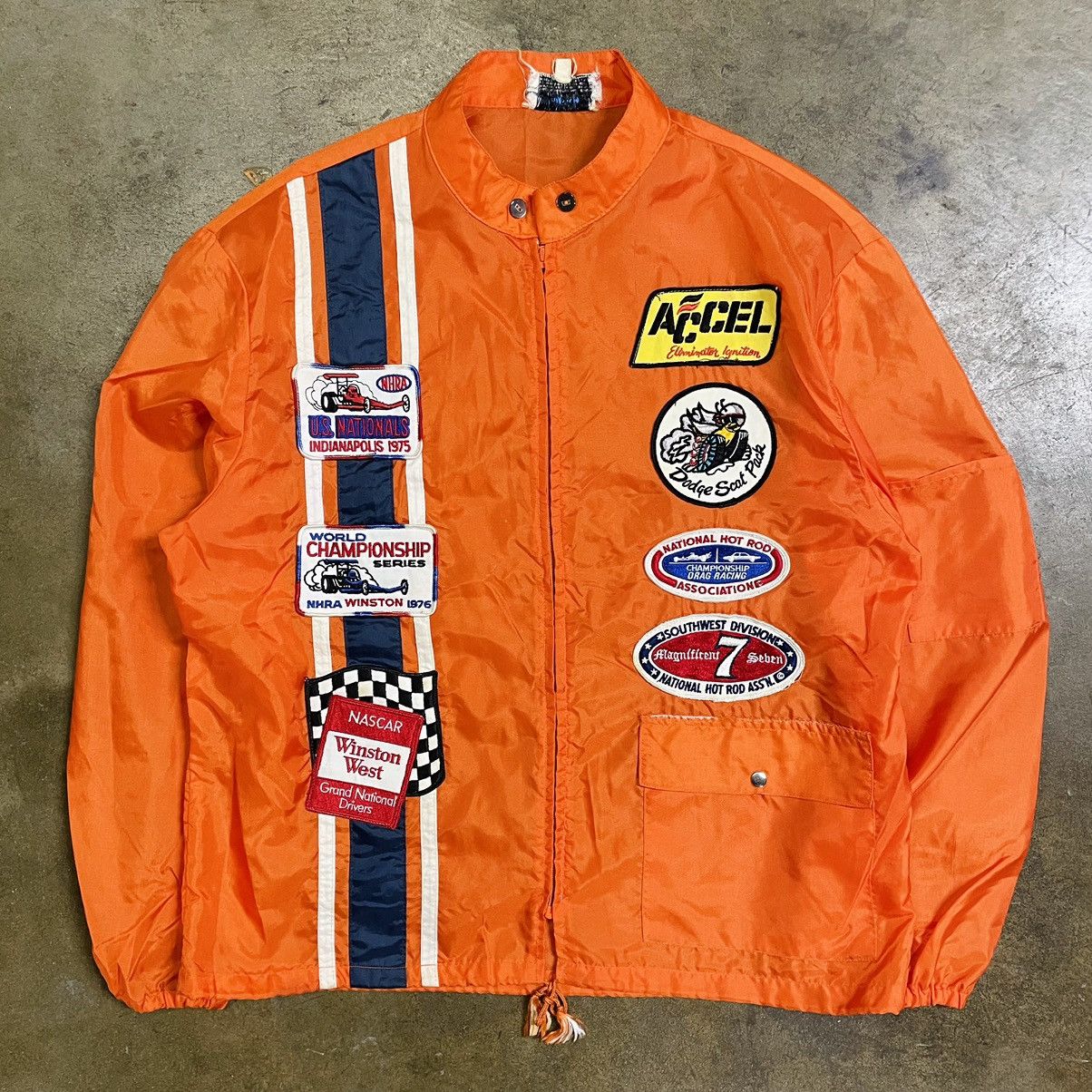 image of 70's Nhra Racing Patches Light Windbreaker Jacket in Orange, Men's (Size Large)