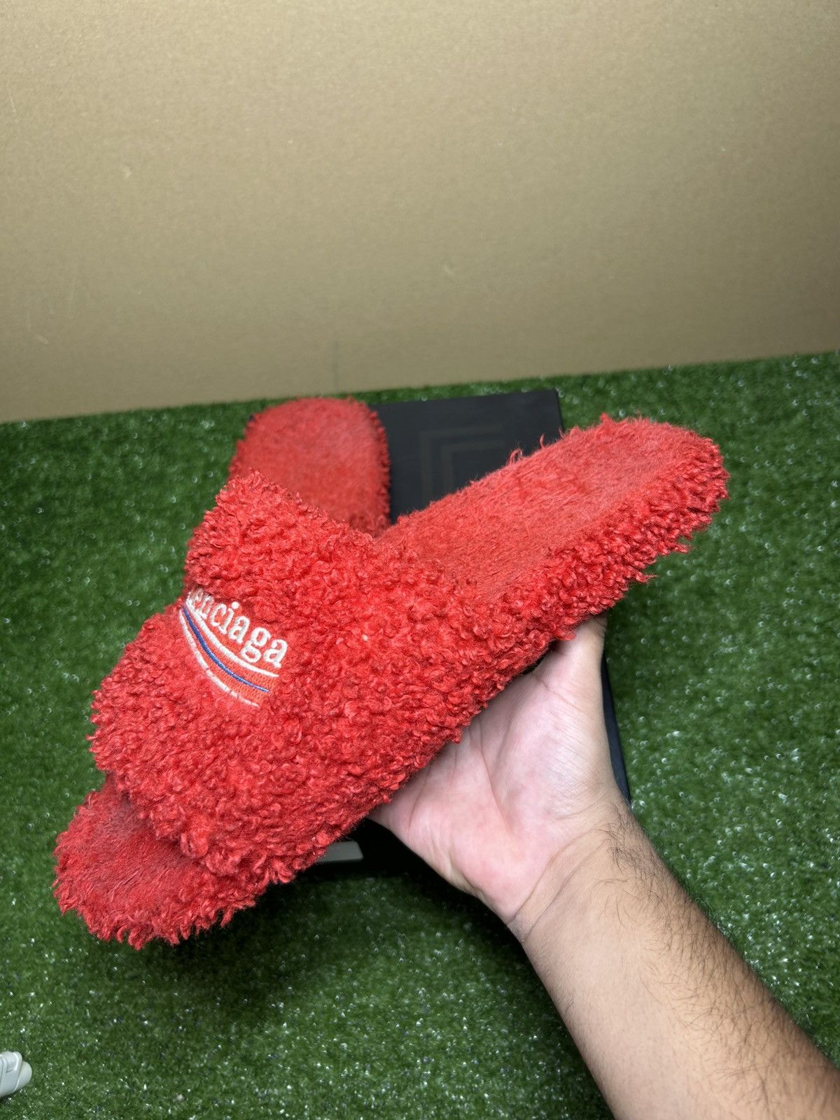Balenciaga furry slides red