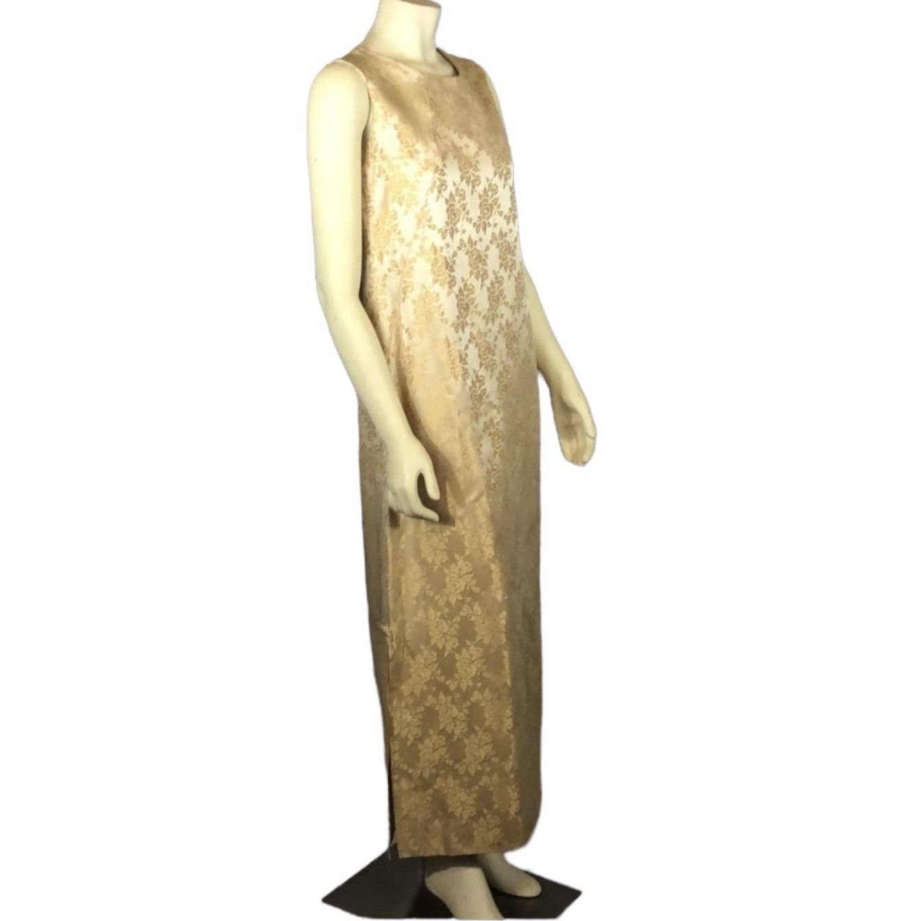 Vintage Vintage 1960s Gold Satin Damask sleeveless maxi Dress Large Size L / US 10 / IT 46 - 2 Thumbnail