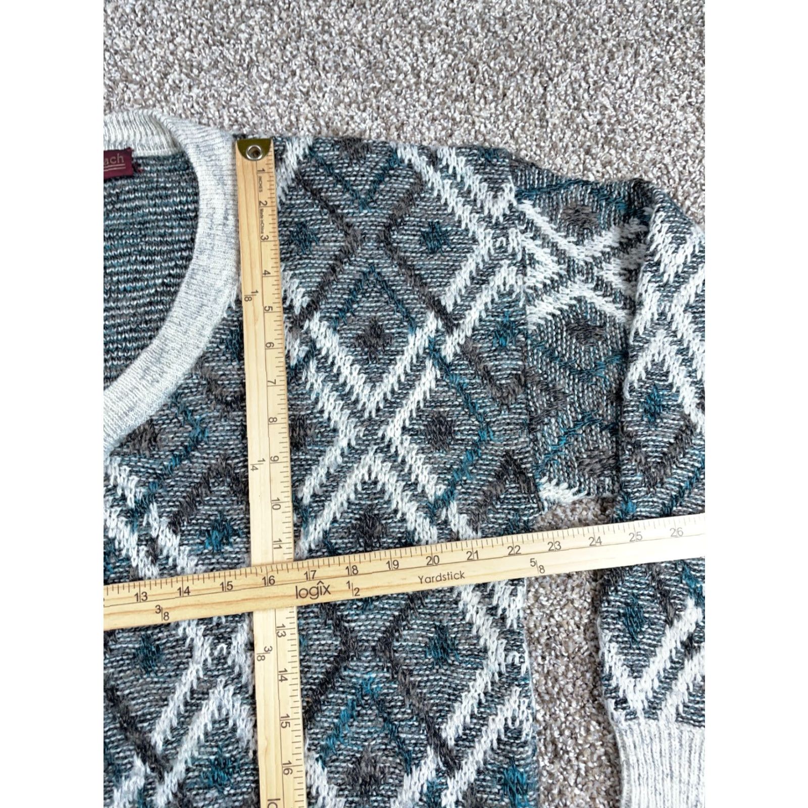 Vintage VTG 80s Diamond Pattern V-Neck Sweater Bachrach Men's XL Gray Pullover Knit Wool Size US XL / EU 56 / 4 - 6 Thumbnail