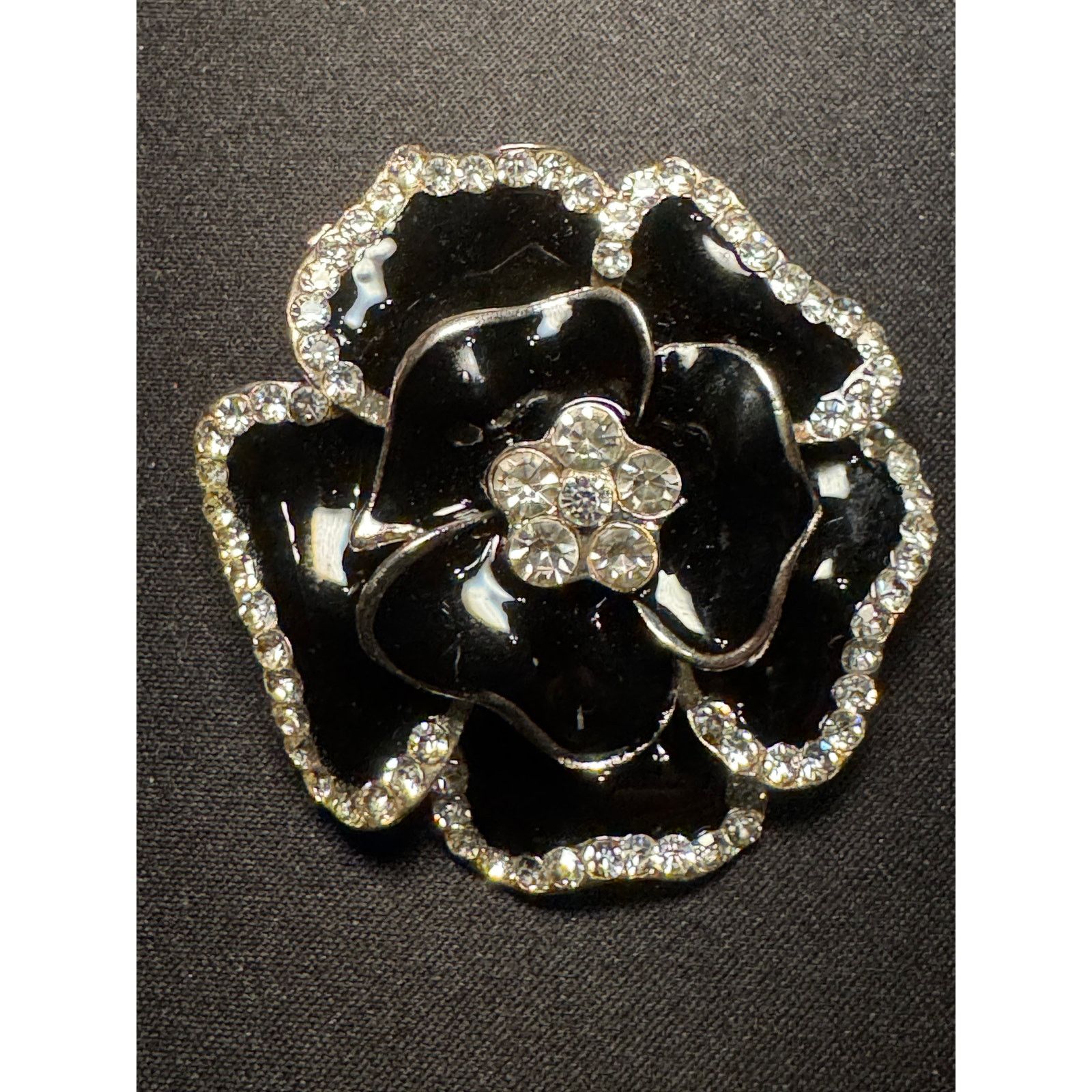 Other Large Black & Silver Enamel with Crystals Flower Brooch Size ONE SIZE - 2 Thumbnail