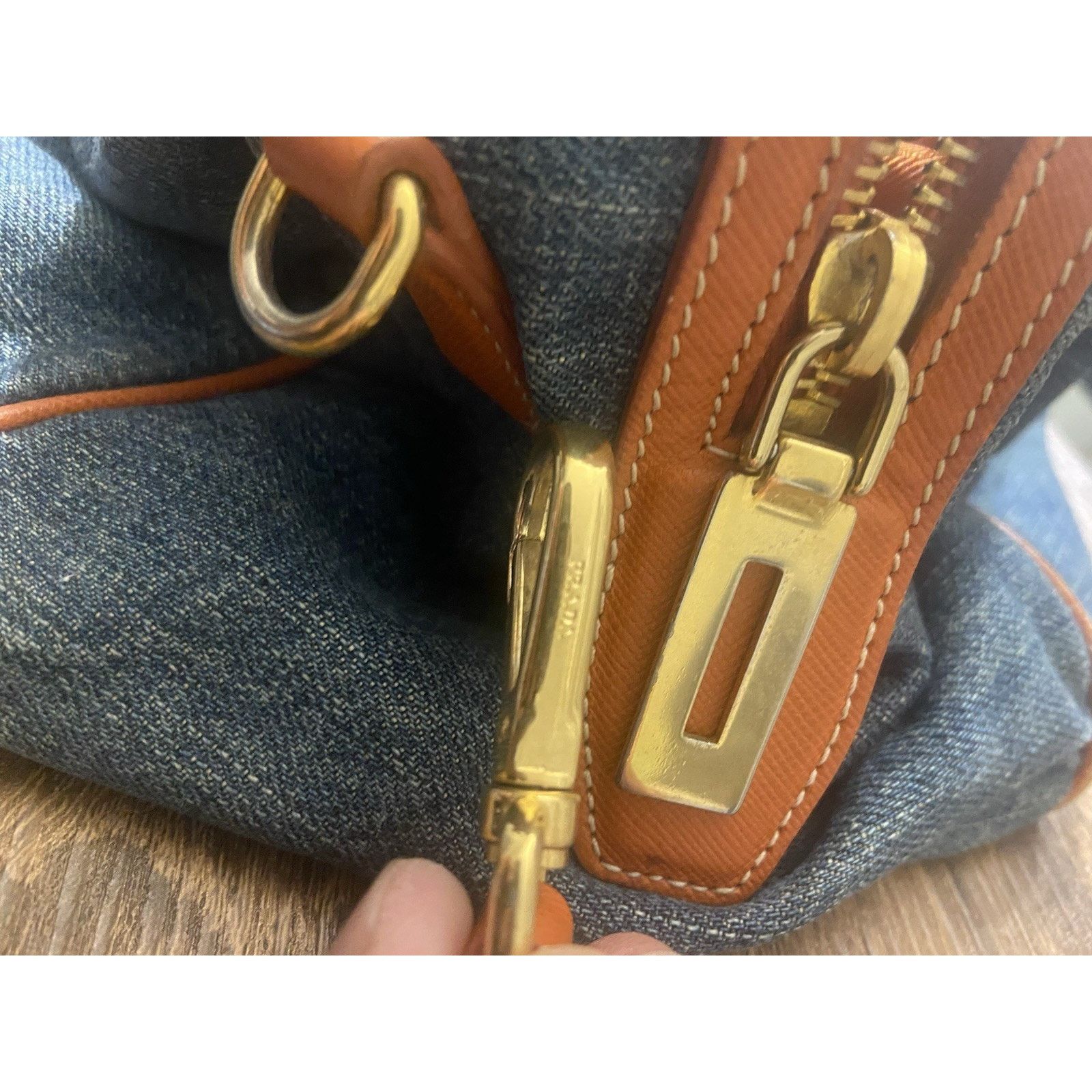 Prada Prada Bauletto blue denim orange saffiano 2way handbag, good Size ONE SIZE - 20 Thumbnail