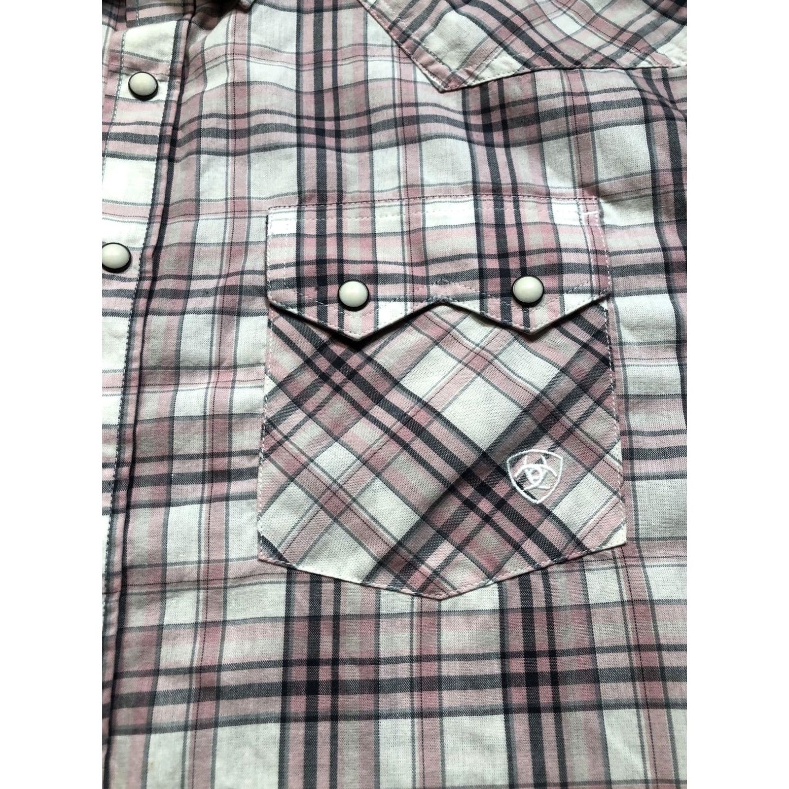 Ariat Ariat Shirt Mens 2XL Pink White Plaid Retro Fit Short Sleeve Western Pearl Snap Shirt Size US XXL / EU 58 / 5 - 6 Thumbnail