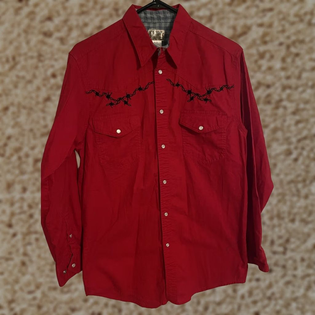 Express Express Rider Red Barbed Wire L/S Pearl Snap Western Cowboy Shirt Men's Medium Size US M / EU 48-50 / 2 - 1 Thumbnail