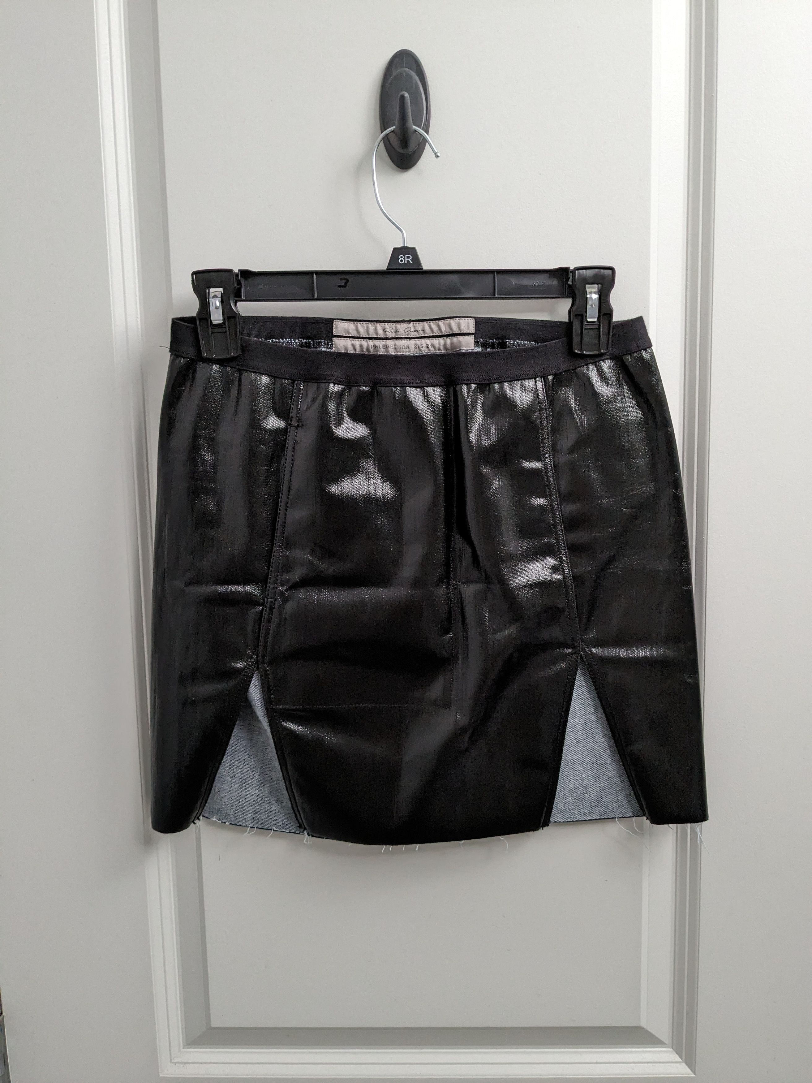 image of Rick Owens Lacquered Denim Slq Sacri Mini Skirt in Black, Women's (Size 28)
