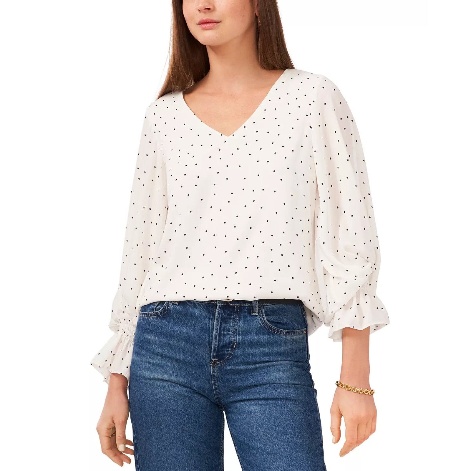 Vince Camuto Vince Camuto Women Dotted Smocked Cuff V-Neck Blouse Size S Size S / US 4 / IT 40 - 1 Thumbnail