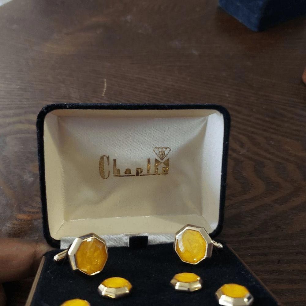 Designer Cuff links Yellow Glass, Gold Tone, Vintage Size ONE SIZE - 2 Thumbnail