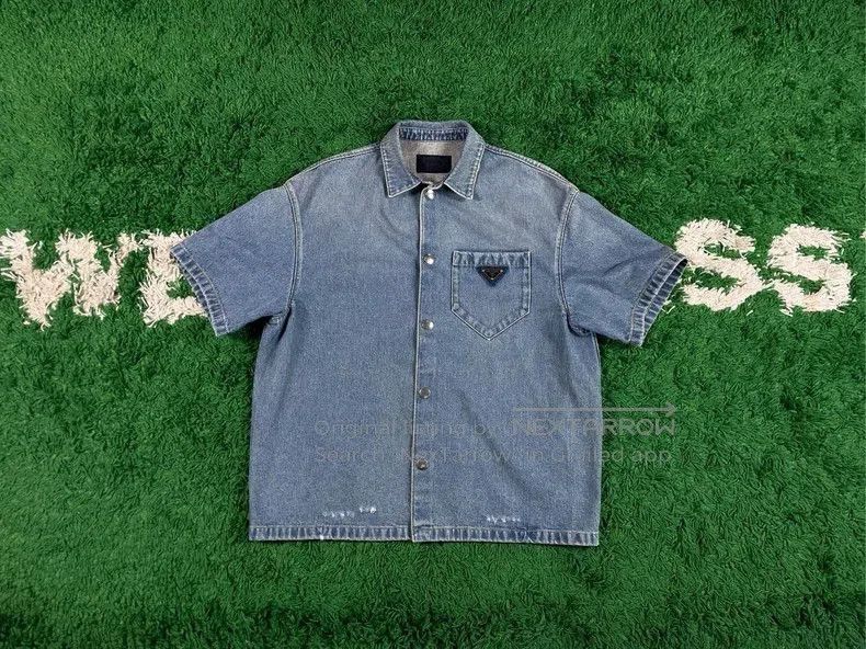 Prada PRADA Distressed Denim Short Sleeve Shirt. Size US L / EU 52-54 / 3 - 1 Thumbnail