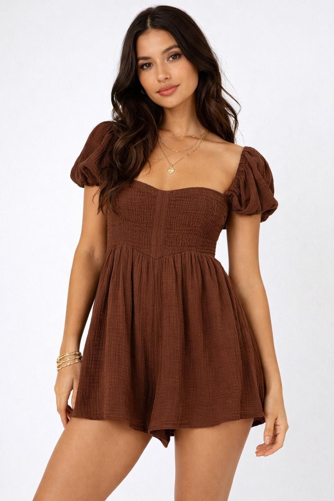 Other Princess Polly Brown Cotton Gauze Smocked Romper US 6 Size 28" / US 6 / IT 42 - 1 Thumbnail