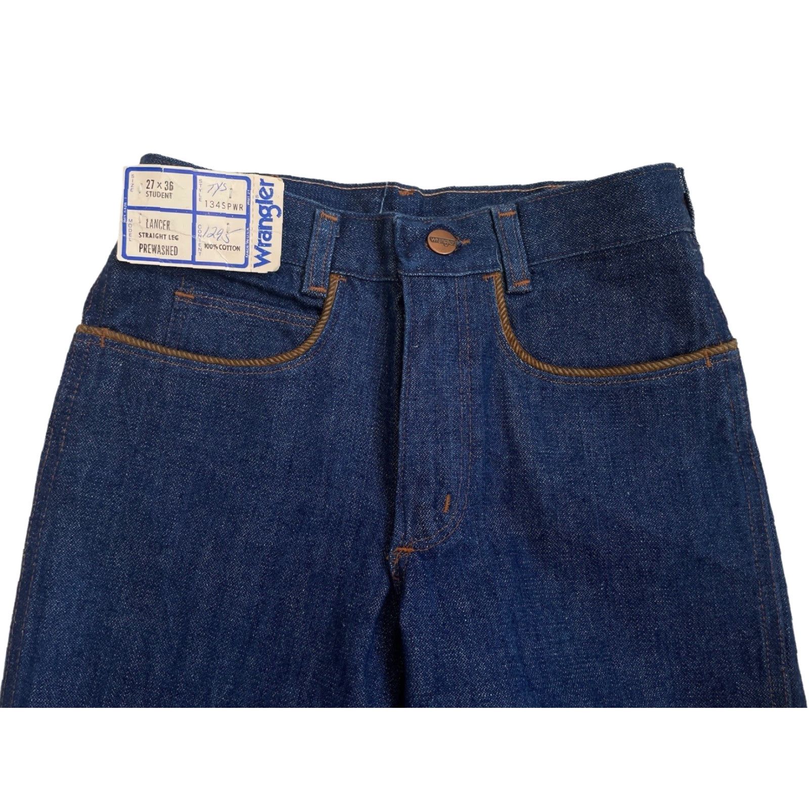 Wrangler VINTAGE Wrangler Lancer Jeans Pant Straight Leg 27x36 NWT 70s NOS Made USA Mens Denim Blue 1970s USA Size US 27 - 7 Thumbnail
