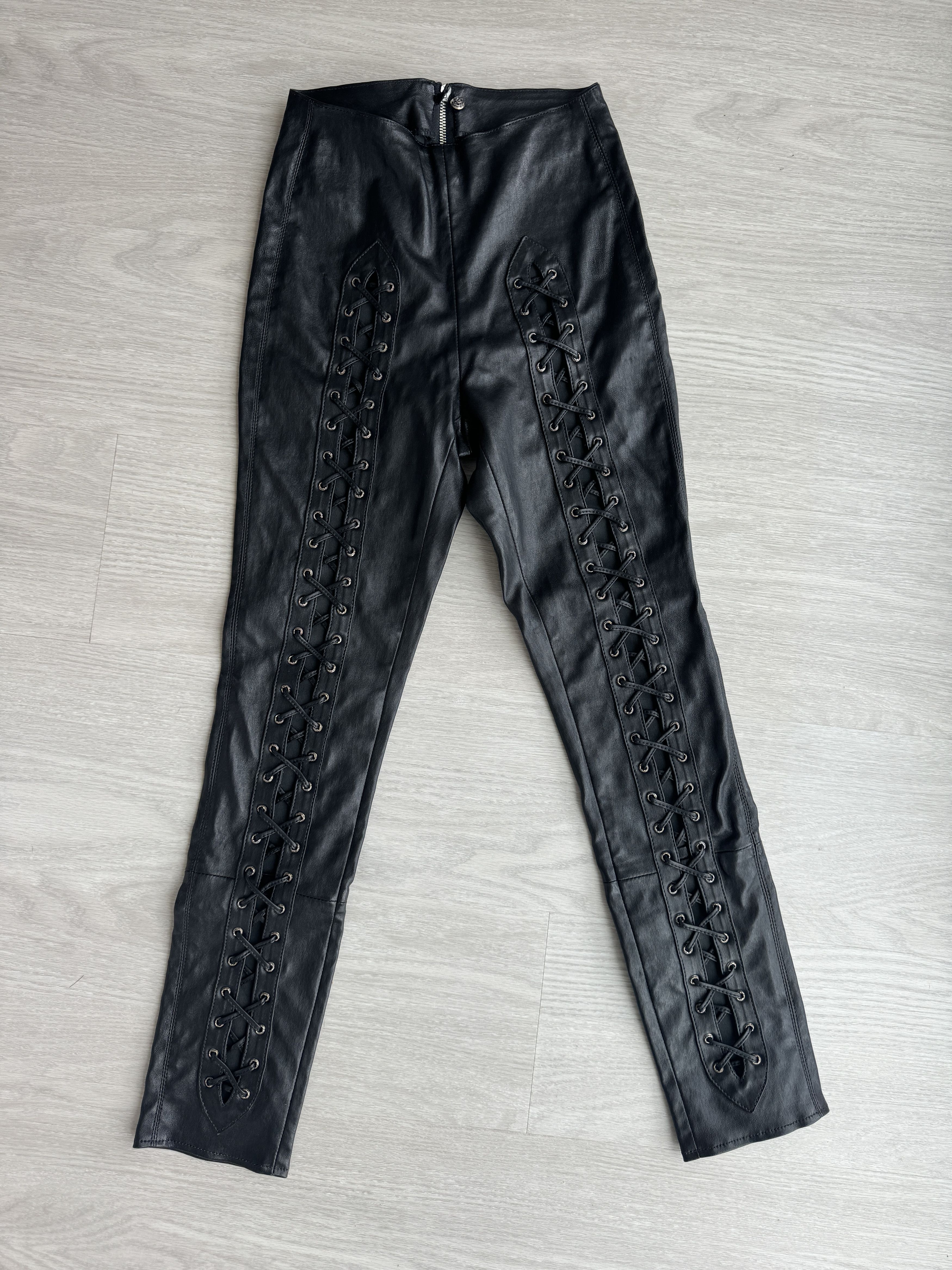 image of Chrome Hearts Laced Leather Pants in Black, Women's (Size 26)