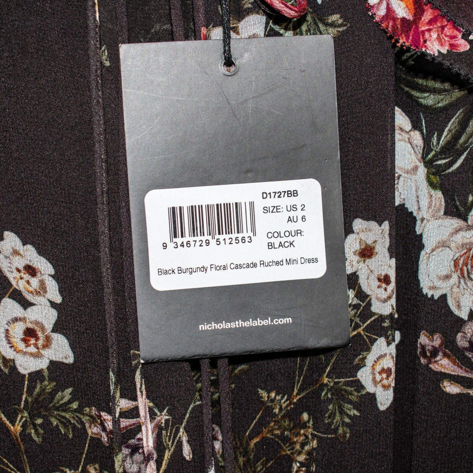 NICHOLAS NICHOLAS Black Burgundy Floral Cascade Ruched Mini Dress Size XS / US 0-2 / IT 36-38 - 7 Thumbnail