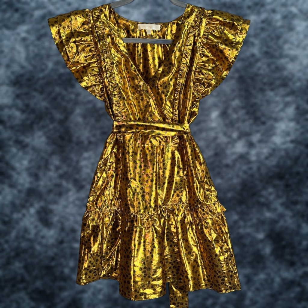 knee length dresses for ladies Metallic Cloque Mini Ruffle Dress 32 / Antique Bronze main image 0