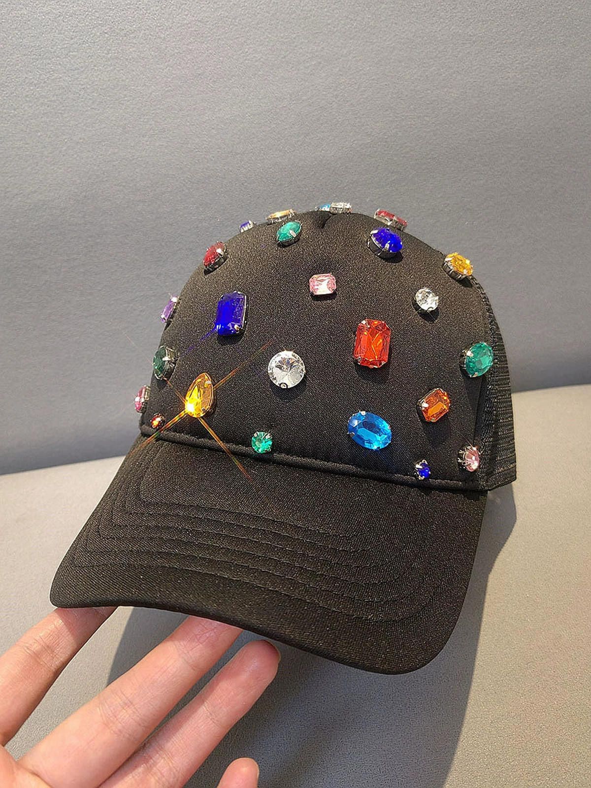 Other Black Embellished Mesh Back Cap, Colorful Rhinestone Hat Size ONE SIZE - 1 Thumbnail