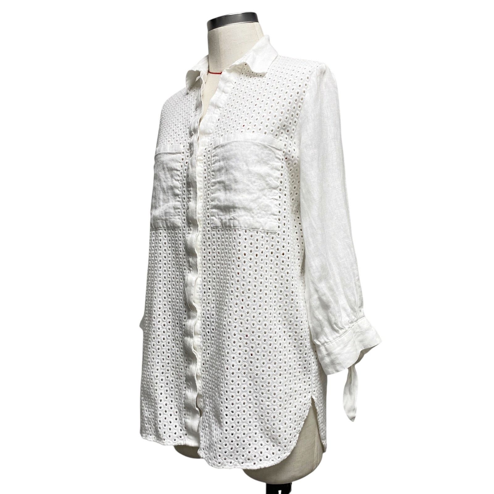 Zara Zara Womens Size M White Eyelet 3/4 Sleeve Button Up Top Size M / US 6-8 / IT 42-44 - 2 Thumbnail