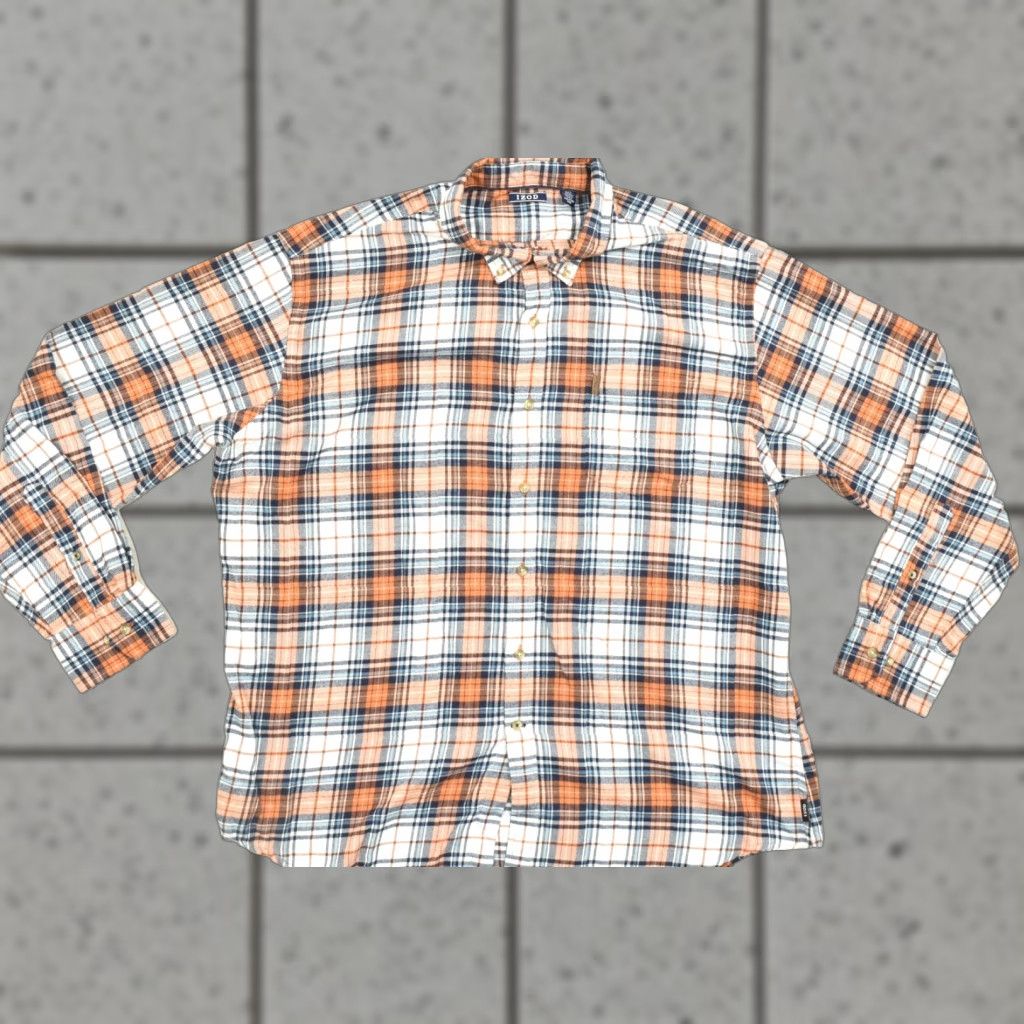 Izod IZOD Shirt Men XXL Plaid Flannel Button-Down Long Sleeve Cotton Orange Blue Pocketed Button-Up Casual Travel Fall Winter Spring Regular Size US XXL / EU 58 / 5 - 1 Thumbnail