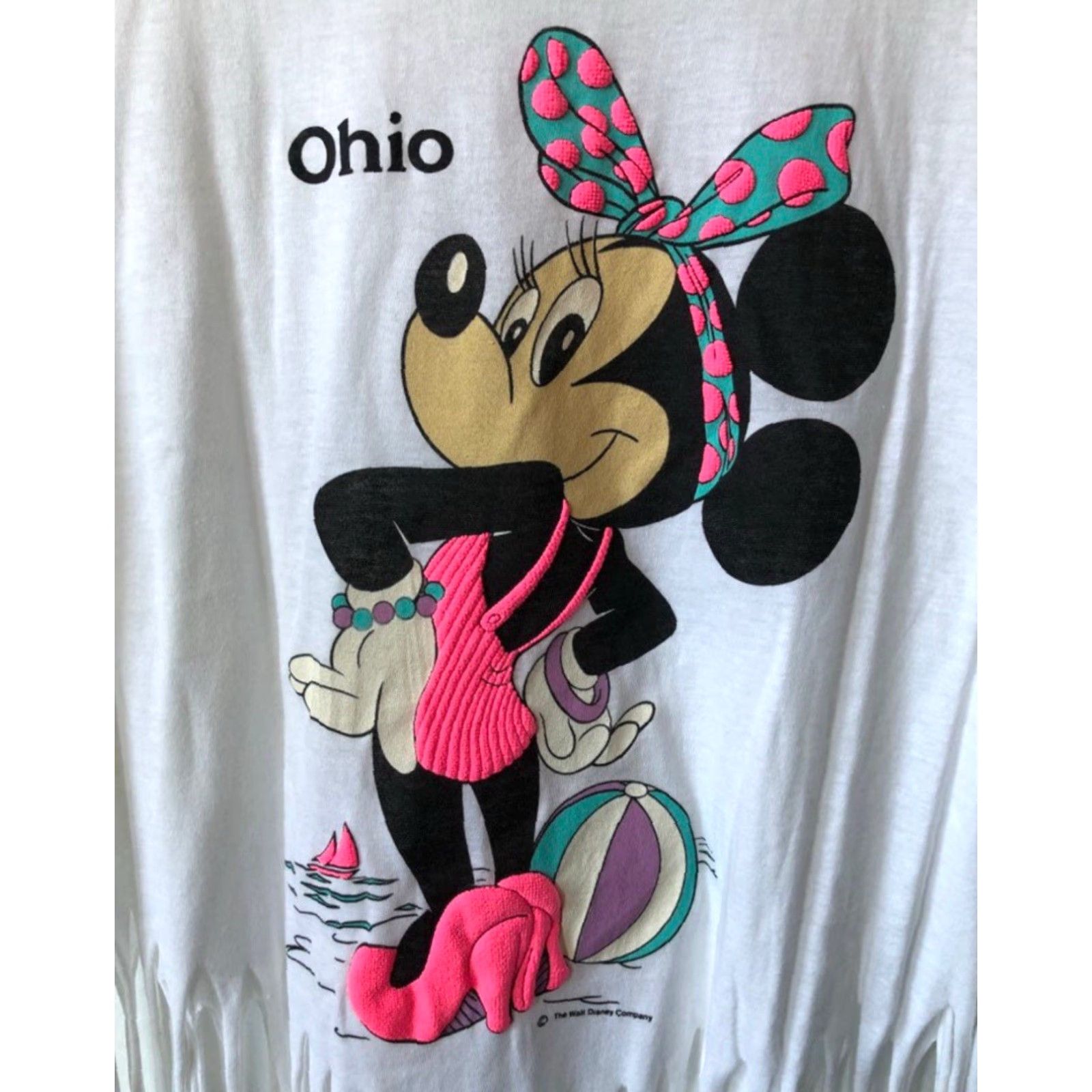 Vintage VINTAGE Minnie Mouse Ohio Fringe T-Shirt Womens OSFA White 90s Disney USA Made Deadstock NWOT Sherry Fringe Sleeve Graphic Print Size ONE SIZE - 3 Thumbnail
