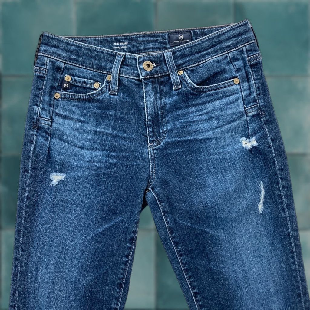 Denime AG Adriano Goldschmied The Beau Women's 24 Slouchy Skinny Blue Denim Distressed Jeans Size ONE SIZE - 1 Thumbnail