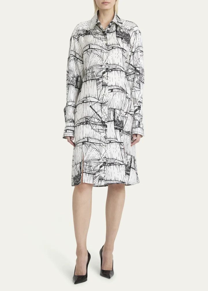 Salvatore Ferragamo o1s1rm0126 Nautical Printed Silk Shirtdress in White/Black Size S / US 4 / IT 40 - 2 Thumbnail