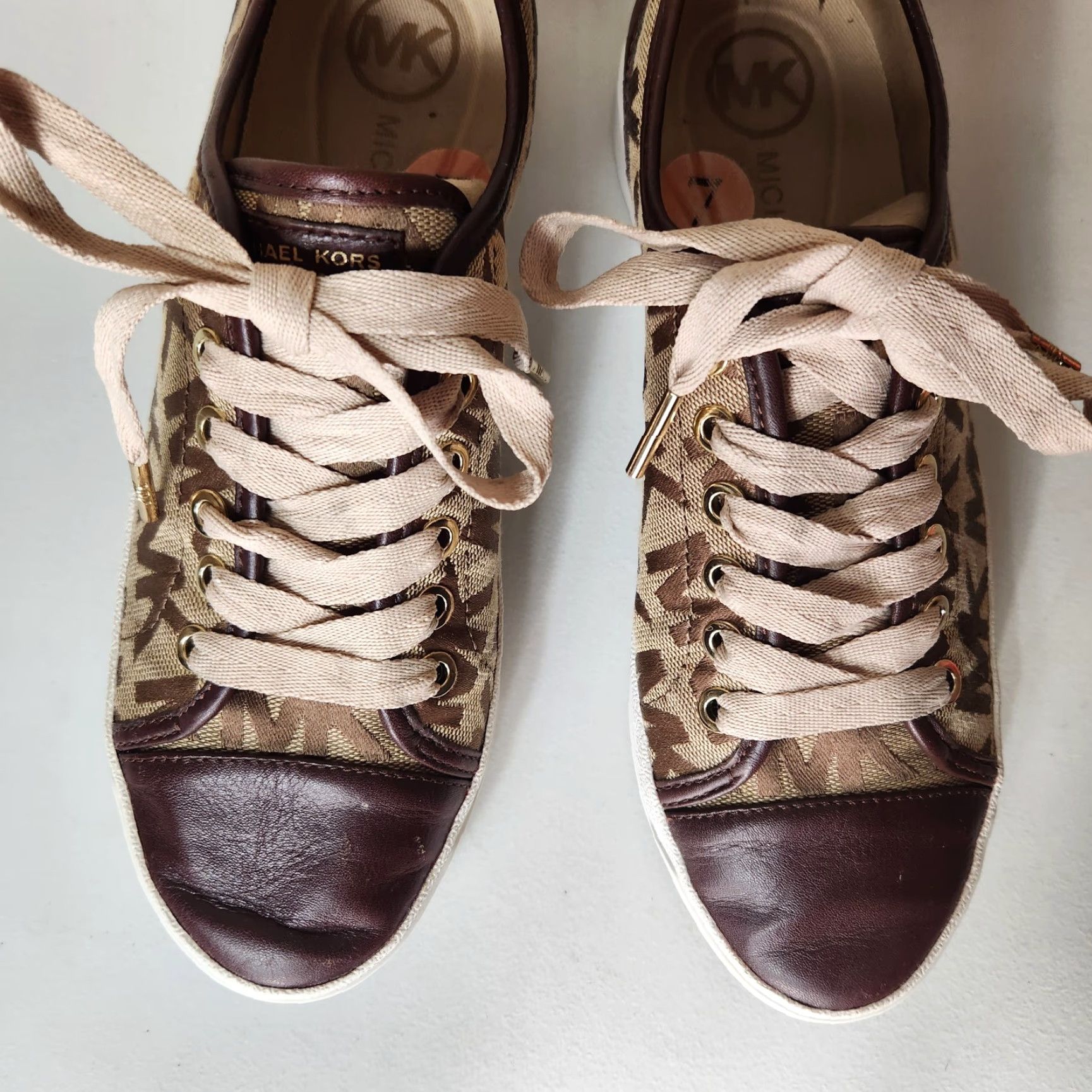 Michael Kors Michael Kors Womens MK Monogram City Leather/Textile Sneakers Size 7 Brown Tan City Designer Sneakers Size US 7 / IT 37 - 3 Thumbnail