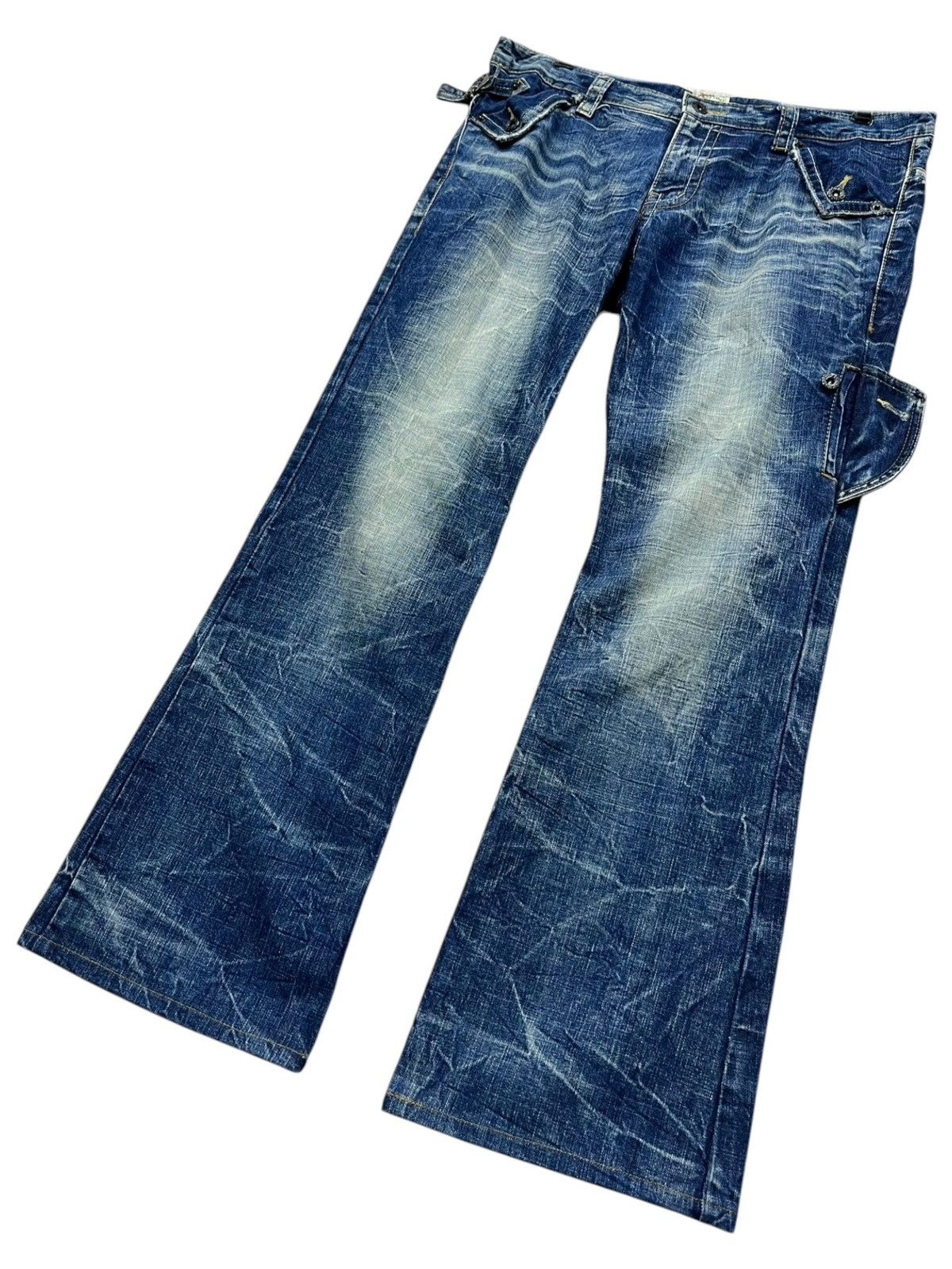 Japanese Brand FYE🔥Vintage PINBALL Mudmax Acid Wash Denim Wide Leg FLARE💥 Size US 34 / EU 50 - 4 Thumbnail