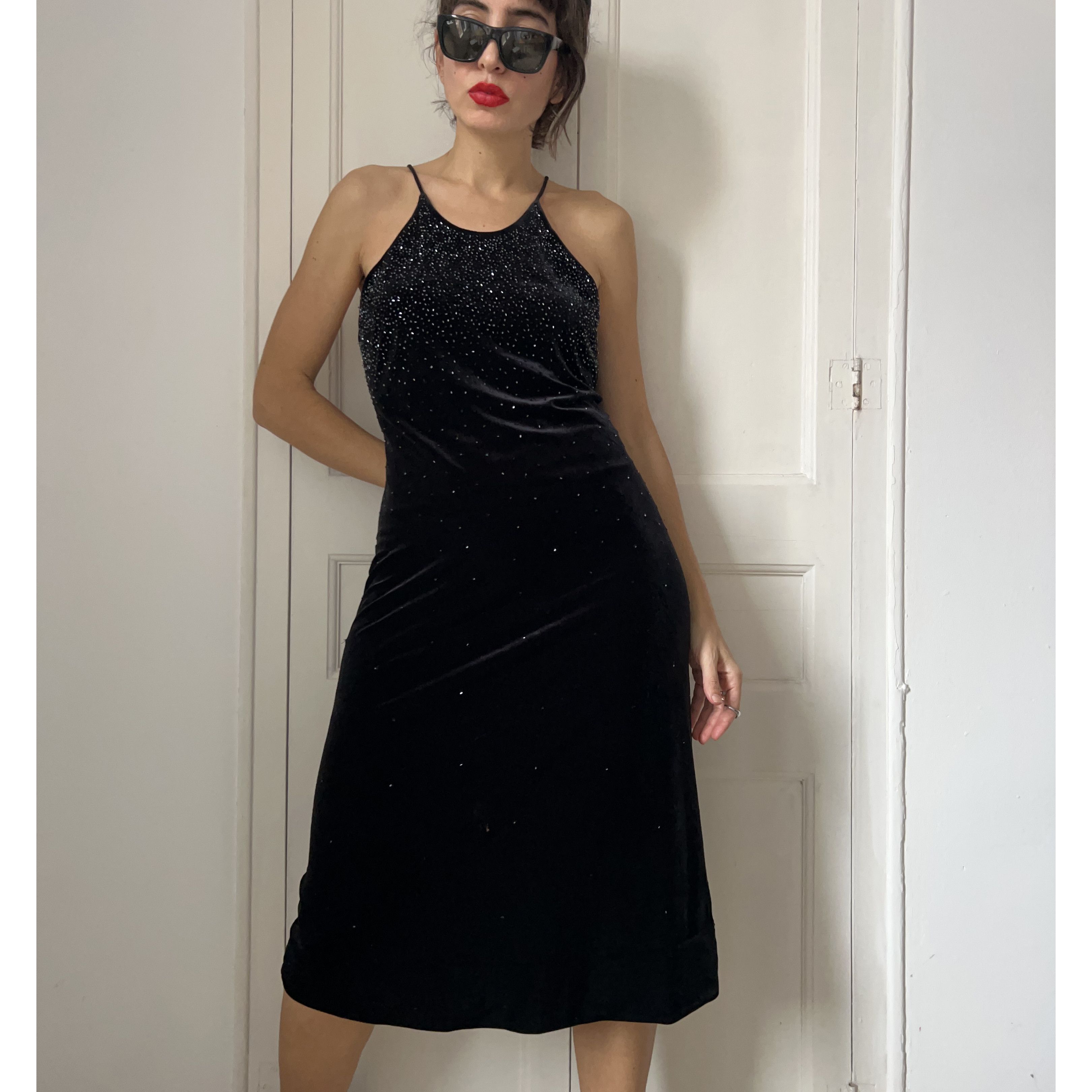 Vintage Vintage 90s Black Velvet Halter Dress Size L / US 10 / IT 46 - 4 Thumbnail