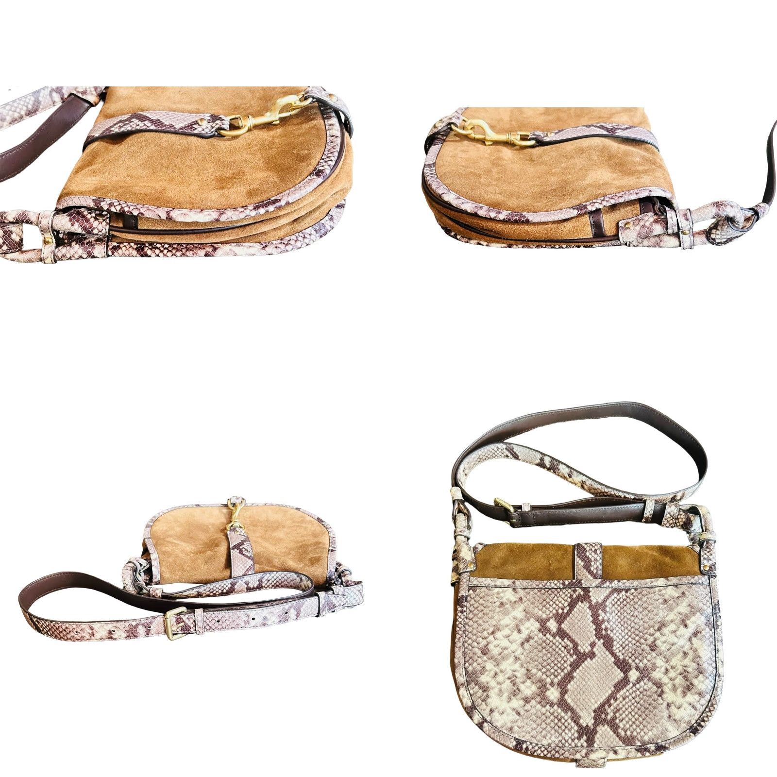 Vintage Michael Kors Jamie Saddle Bag Women's Crossbody Purse Brown Suede Snake Print Crossbody Bag, Large, Brown, Adult Women, 15in Strap, Gold hardware Size ONE SIZE - 8 Thumbnail