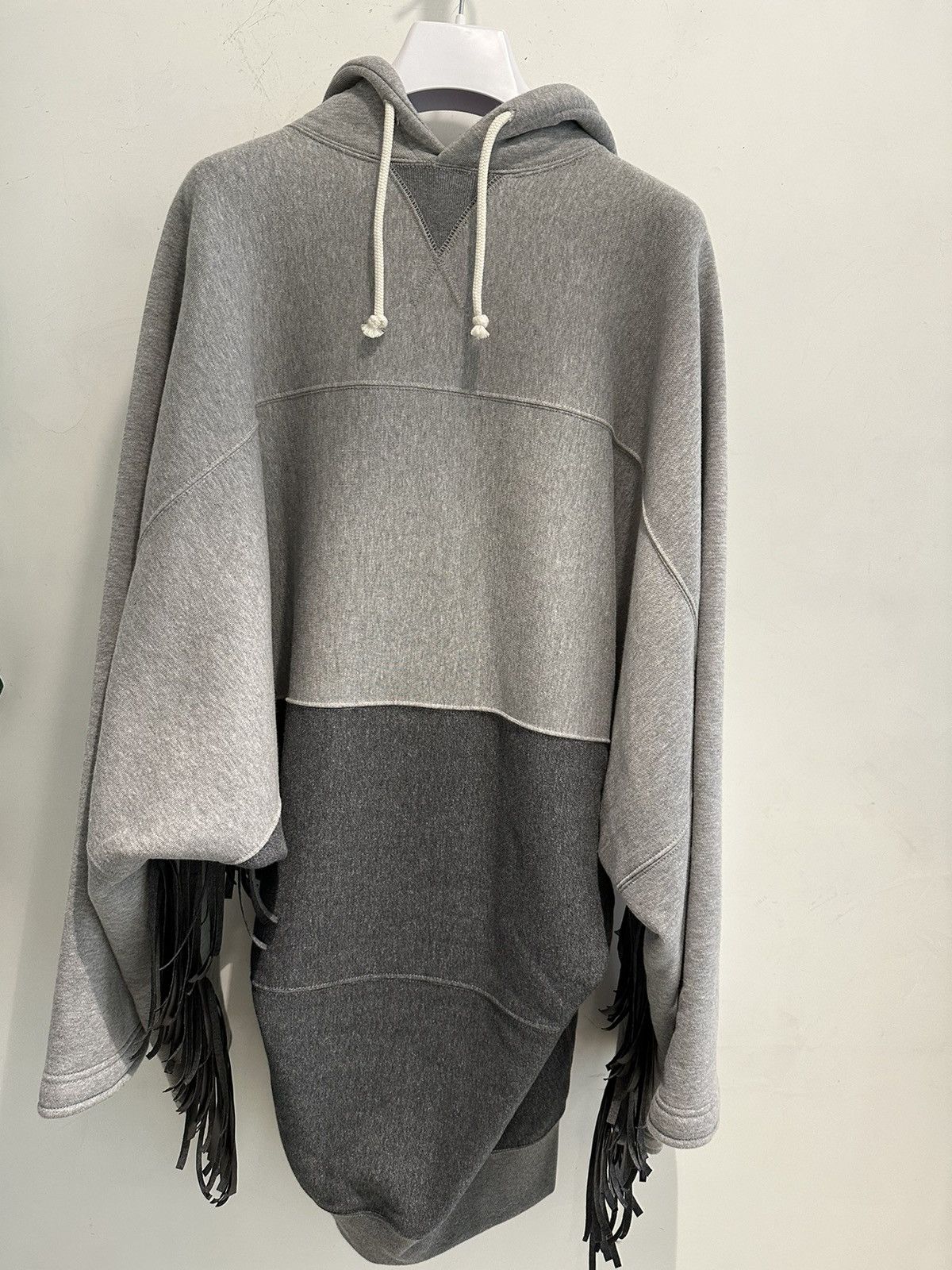 image of Junya Watanabe Women Colour-Block Fringed Hoodie in Grey (Size Medium)