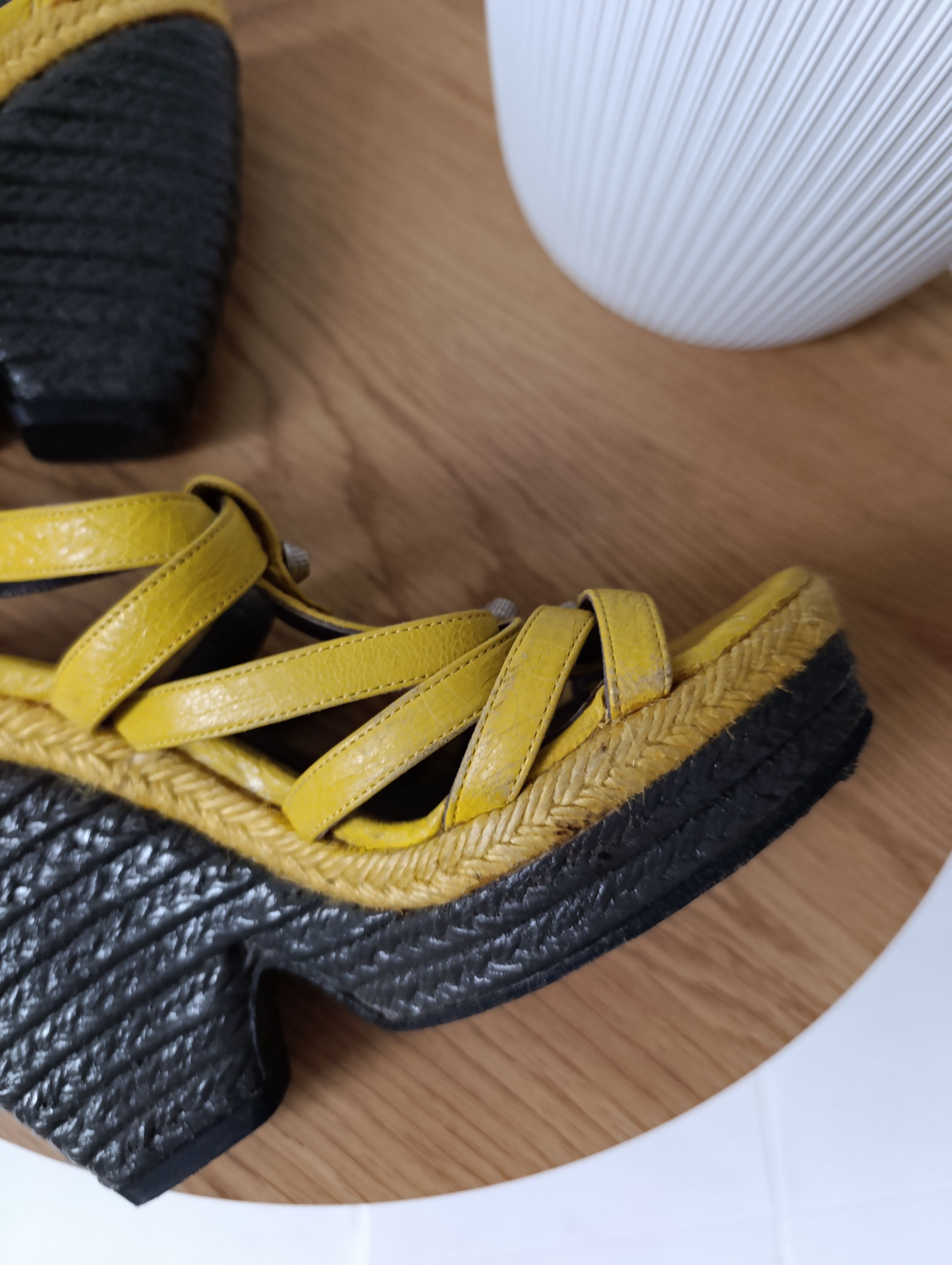 Balenciaga Balenciaga Yellow Leather Wedge Ankle Strap Sandals Size US 7 / IT 37 - 11 Thumbnail