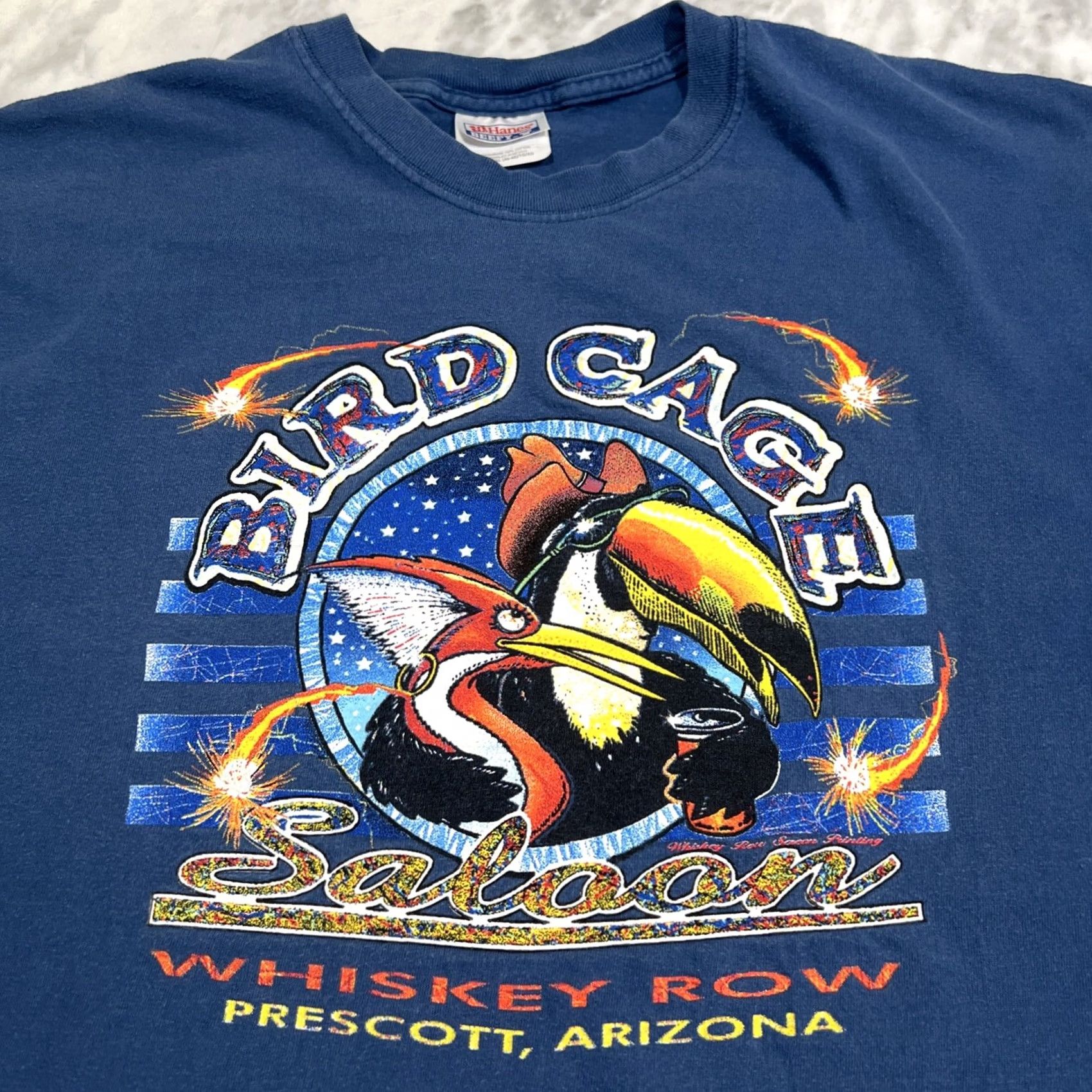 Hanes VINTAGE Hanes Bird Cage Saloon Shirt Men XL Crew Neck Short Sleeve Blue Cotton Graphic Print Bar Travel 90s Mens Size US XL / EU 56 / 4 - 2 Thumbnail