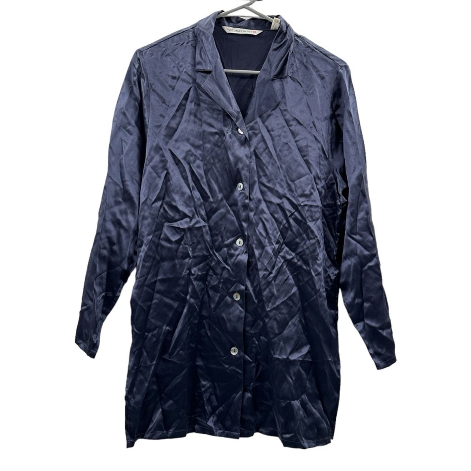 Vintage 100% Silk Navy Blue Long Sleeve Button Down Shirt S
