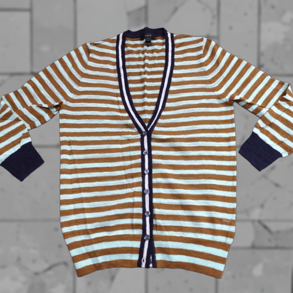 J.Crew J.Crew Cardigan Sweater Womens Small Brown Blue Lightweight Button Front Striped Viscose Long Sleeve Regular Size Women Size S / US 4 / IT 40 - 1 Thumbnail