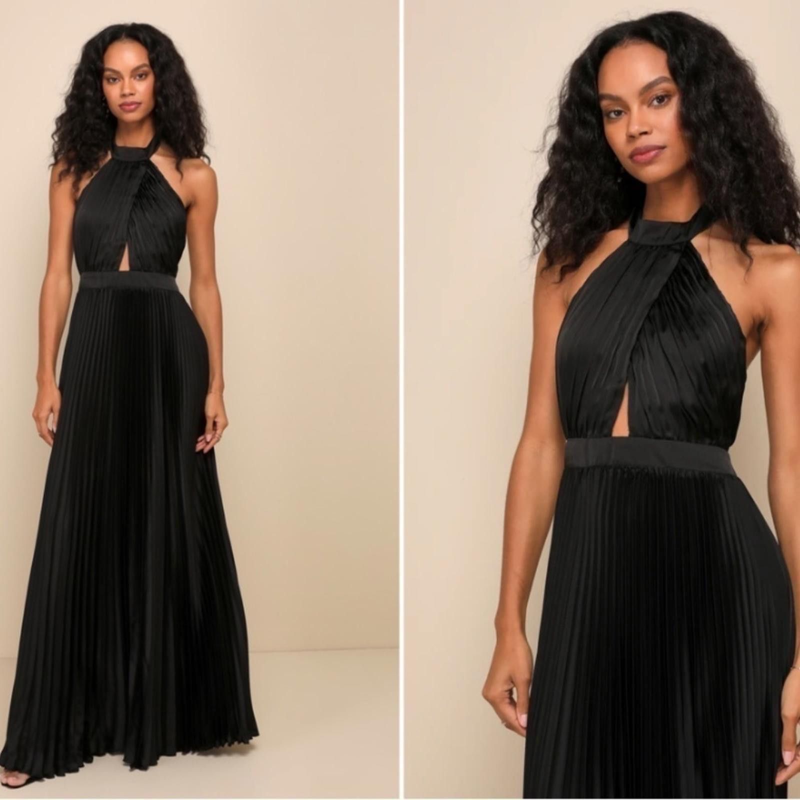 Lulus LULU's Prom Wedding Bridesmaid Pleated Satin Halter Maxi Size L / US 10 / IT 46 - 1 Thumbnail