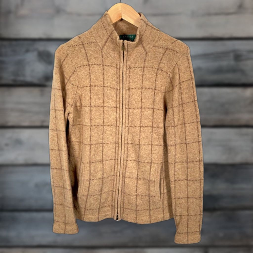 Ralph Lauren Lauren Ralph Lauren Wool Zip Sweater Cardigan Women's 1X Brown Check Pattern Mock Neck Full Zip Pockets 90s Preppy Wool Hand Wash Only Size XL / US 12-14 / IT 48-50 - 1 Thumbnail