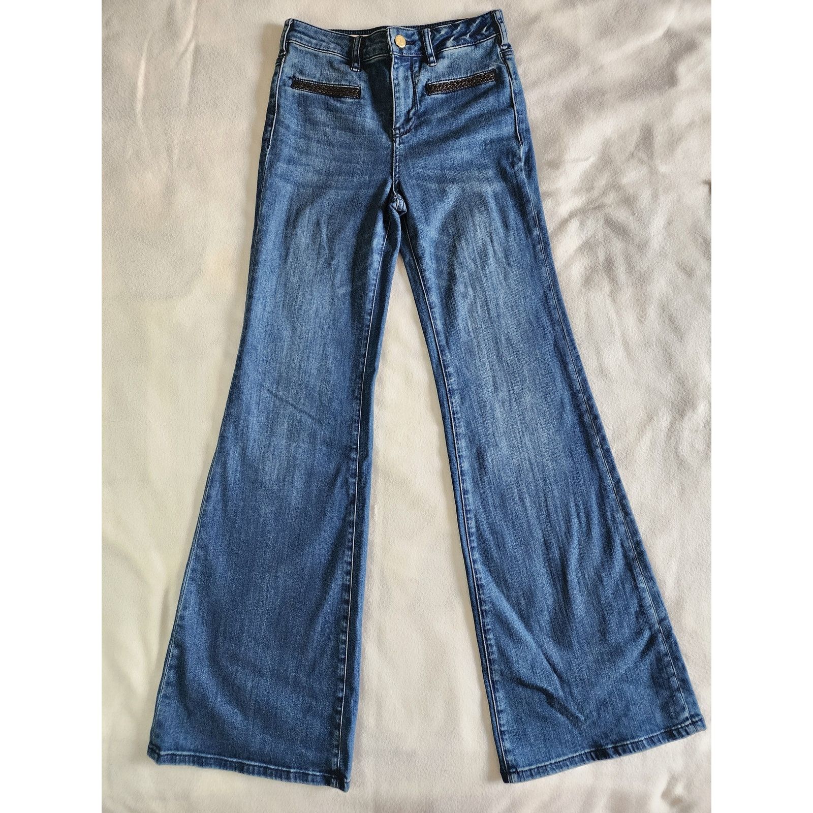 Anthropologie Pilcro Stet Braided Leather Flare Retro Boho Jeans Size 25 Size 25" / US 0 / IT 36 - 3 Thumbnail