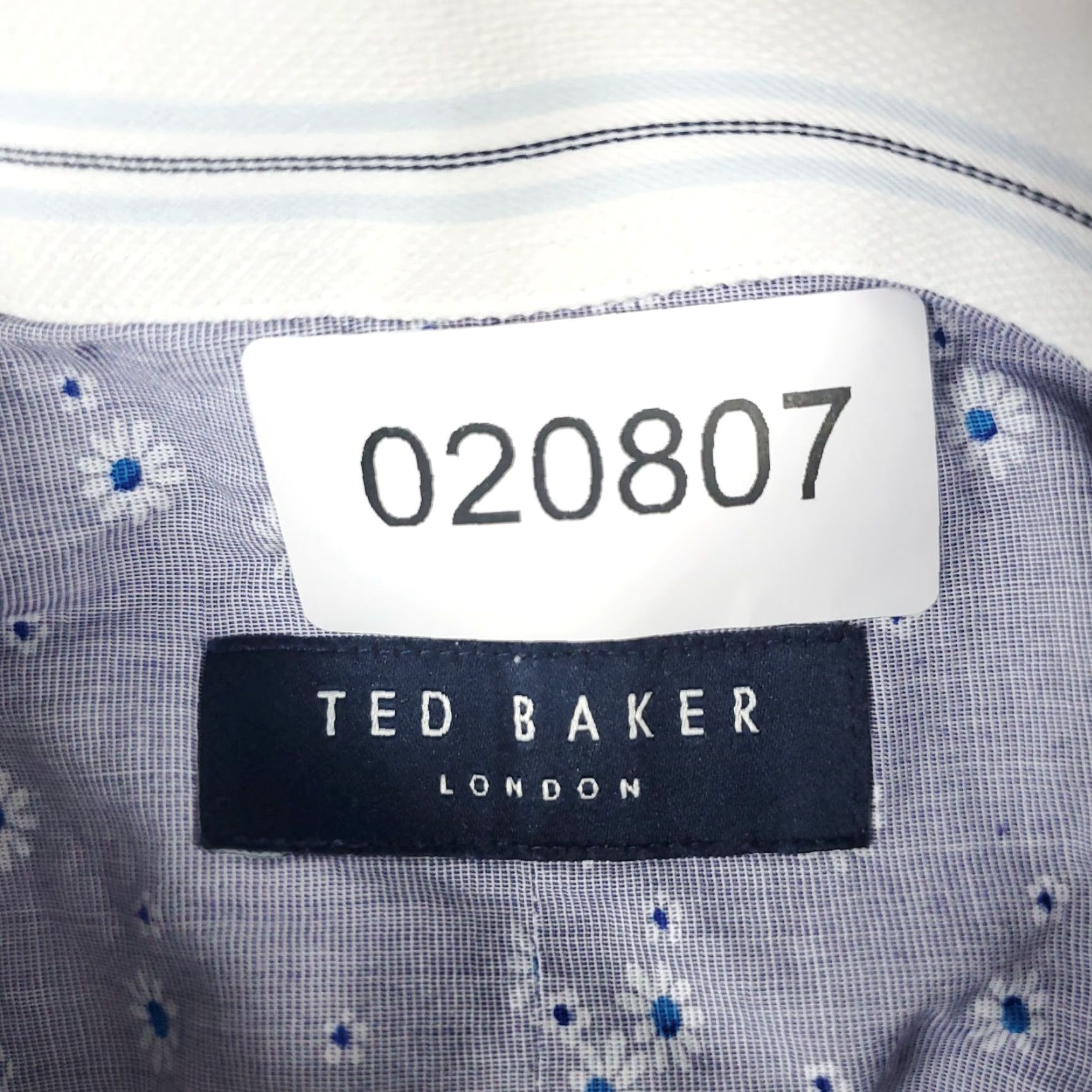 Ted Baker TED BAKER Dress Shirt Mens 16.5 White Blue Striped Button Up Long Sleeve Regular Cotton 100% Classic Modern Preppy Boy Wedding Mens Size 42R - 7 Thumbnail