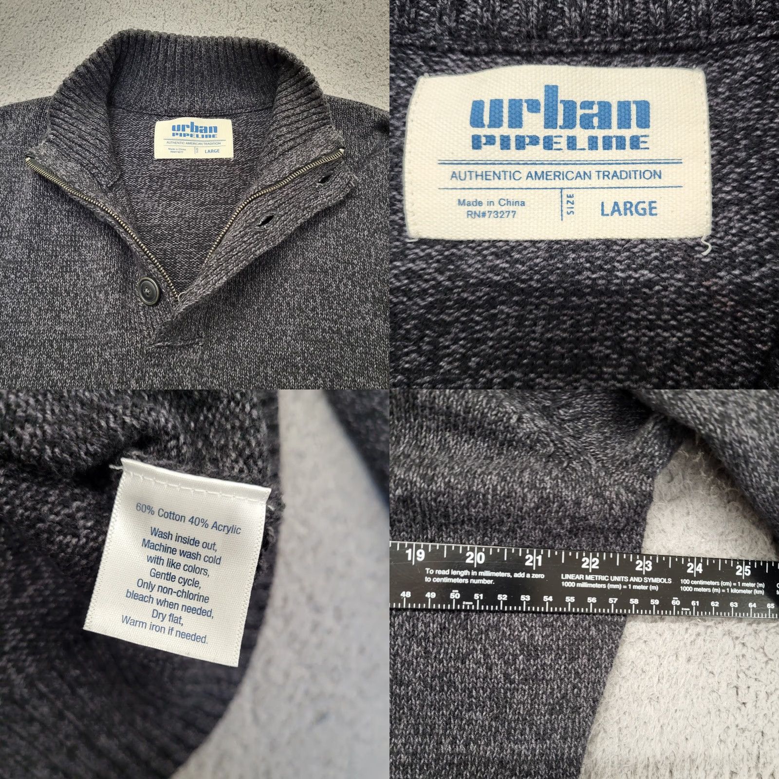 Vintage URBAN PIPELINE Men Large Heathered Black Gray Mock Neck Sweater Button Zip EUC Size US L / EU 52-54 / 3 - 8 Thumbnail