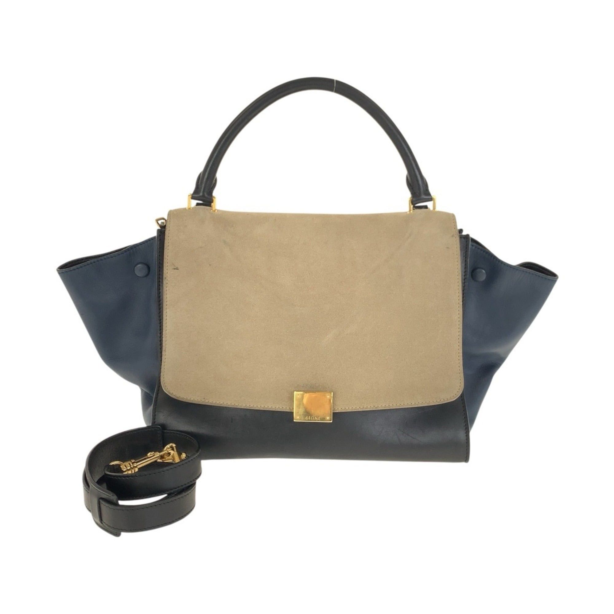 Celine CELINE Trapeze navy/beige leather handbag/shoulder bag with gold hardware. 2-way for women. Size ONE SIZE - 1 Thumbnail