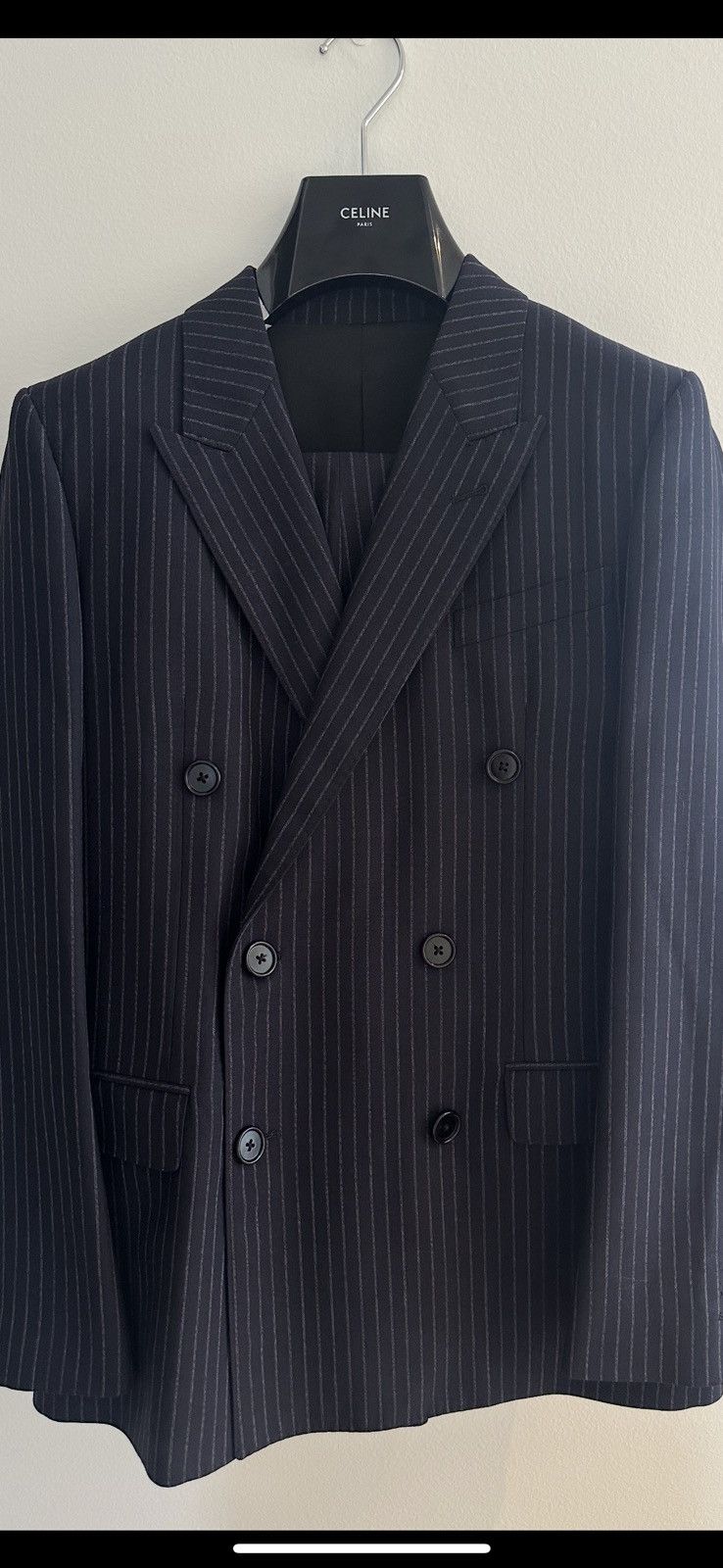 Celine × Hedi Slimane 22SS Double Breasted Navy Chalk Stripe Suit Wool Rectangle Size 44R - 4 Thumbnail