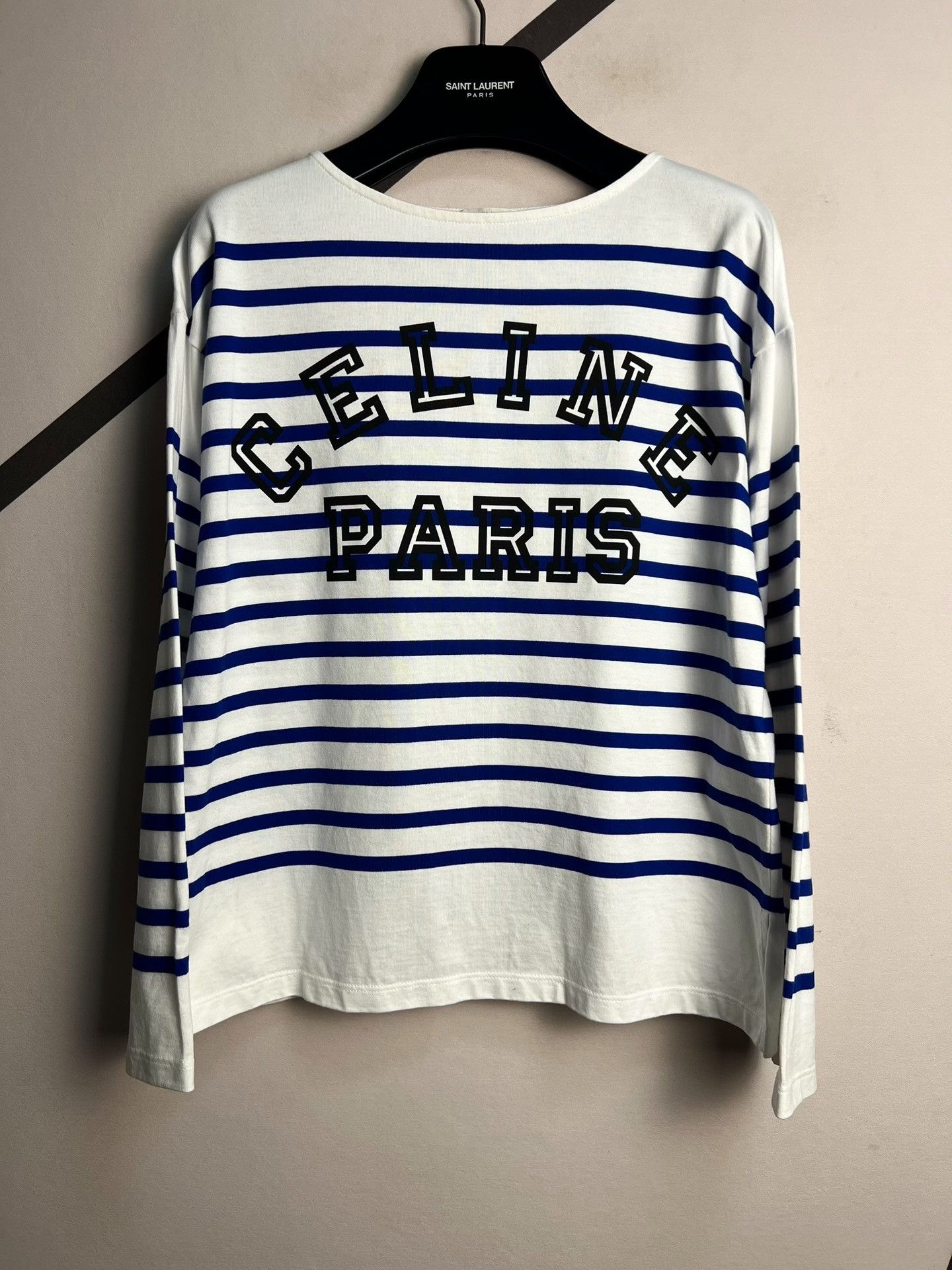 Celine Celine White Blue Stripe Logo Long-Sleeve T-Shirt Size US S / EU 44-46 / 1 - 1 Thumbnail