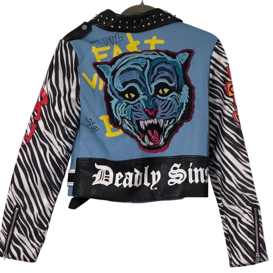 Azalea Wang Azalea Wang Blue Faux Leather Moto Jacket Zebra Sleeve Small Size S / US 4 / IT 40 - 9 Thumbnail