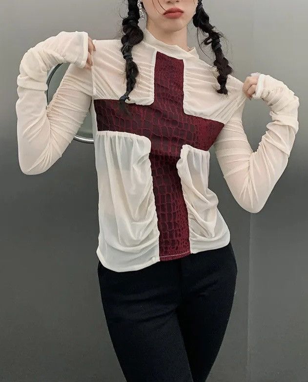 Japanese Brand × Vintage Gothic punk cross ruched sleeve sheer mesh top rock Size M / US 6-8 / IT 42-44 - 1 Thumbnail