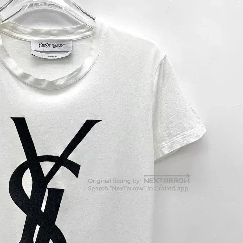 Saint Laurent Paris Saint Laurent Paris White Logo Printed Cotton Crew Neck Sh Size US XS / EU 42 / 0 - 3 Thumbnail