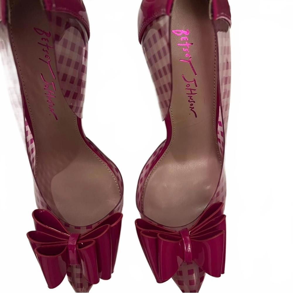 Designer Stylish Betsy Johnson Pink Gingham Heels with Bow Size US 8.5 / IT 38.5 - 2 Thumbnail