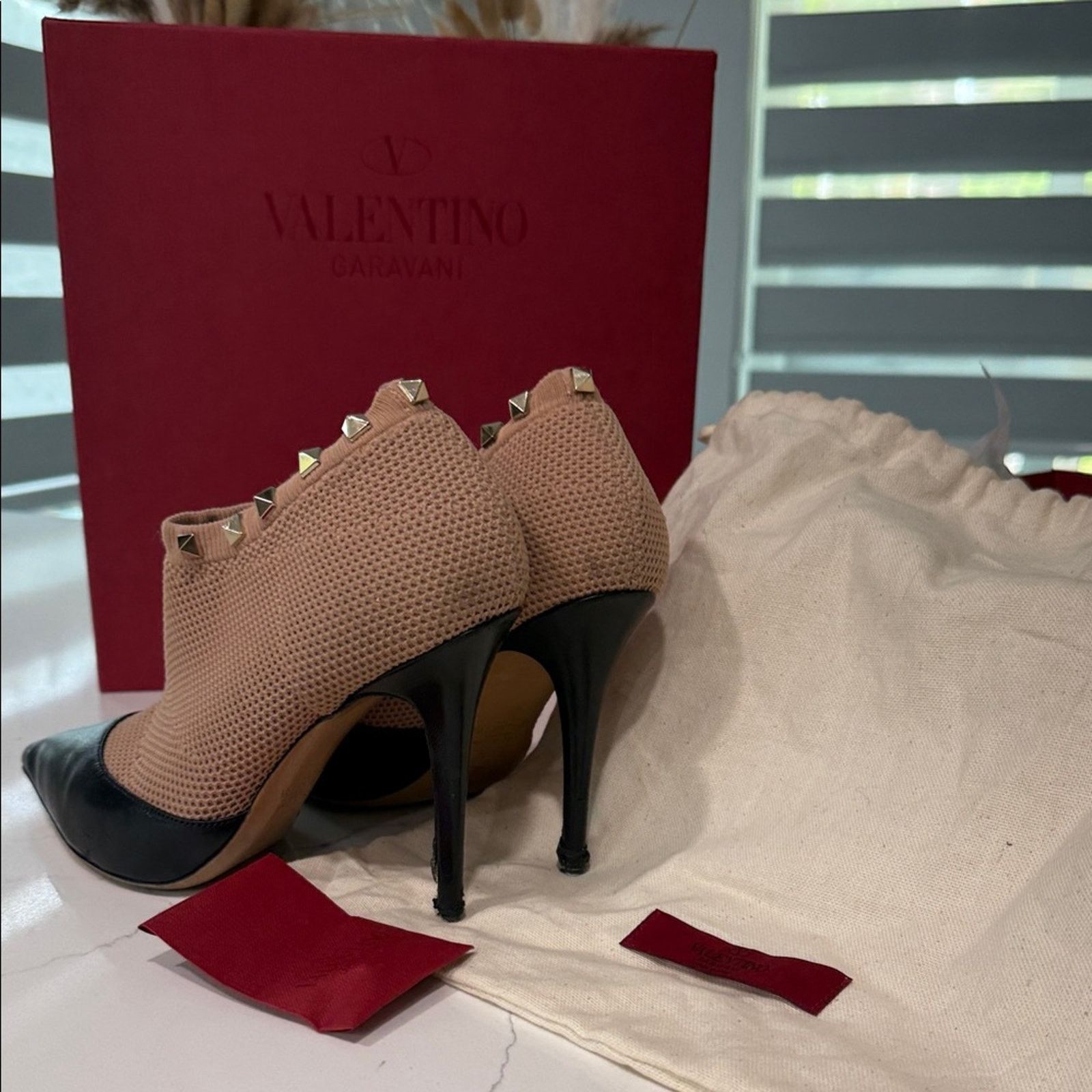 Valentino Valentino Garavani Beige Mesh Black Leather Studded Bootie Size US 8.5 / IT 38.5 - 13 Thumbnail