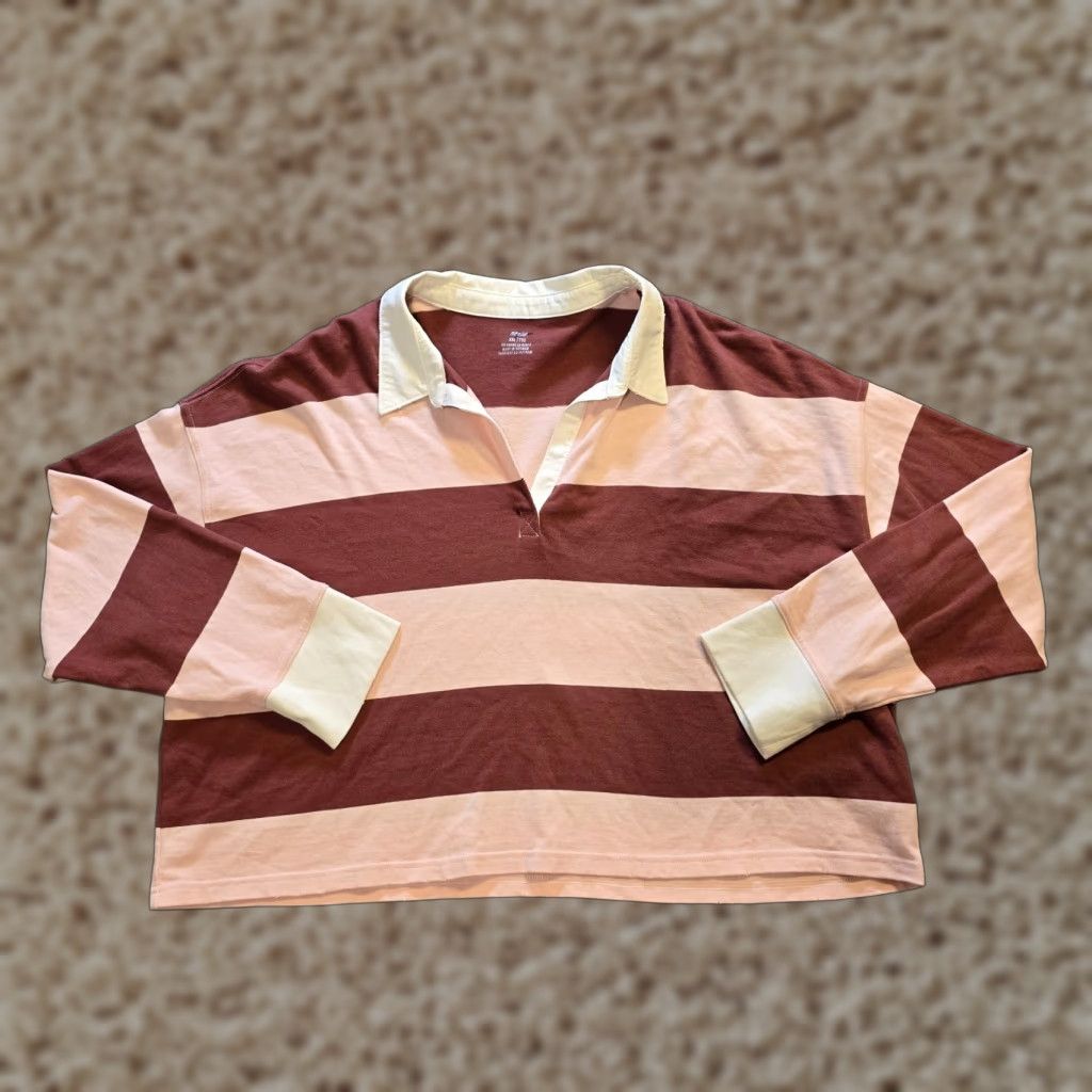 Vintage Aerie Top Womens 2XL Pink Rugby Striped Long Sleeve Crop Casual Lounge Shirt Size XXL / US 16-18 / IT 52-54 - 1 Thumbnail