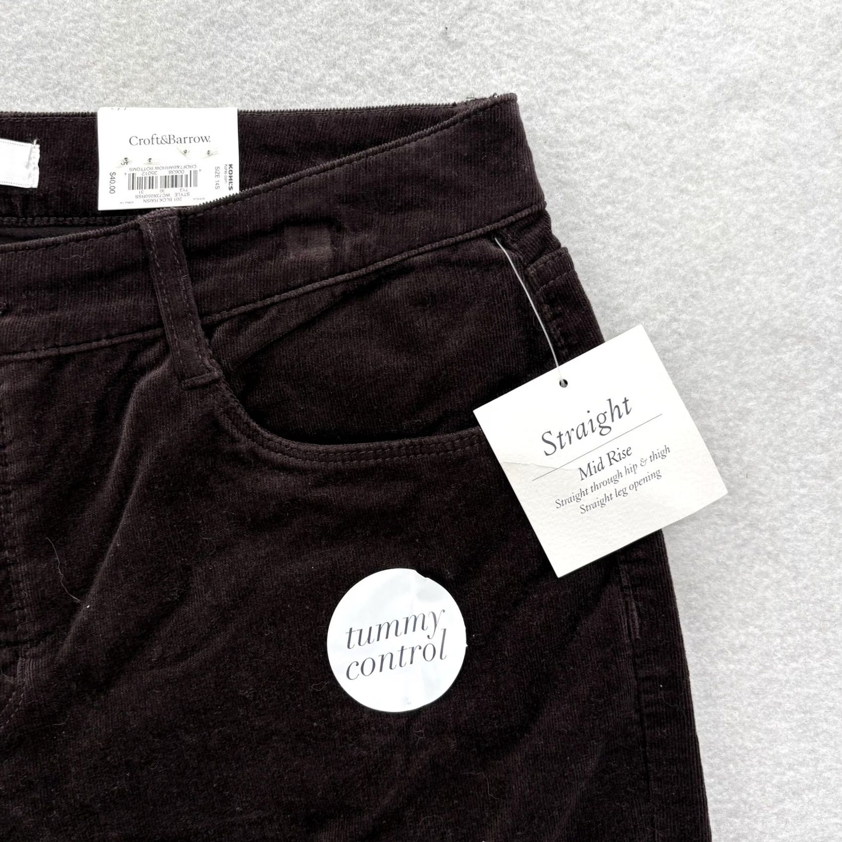Croft & Barrow Croft & Barrow Womens 14 Short Brown Corduroy Pants Stretch Tummy Control NWT Size 36" / US 14 / IT 50 - 3 Thumbnail
